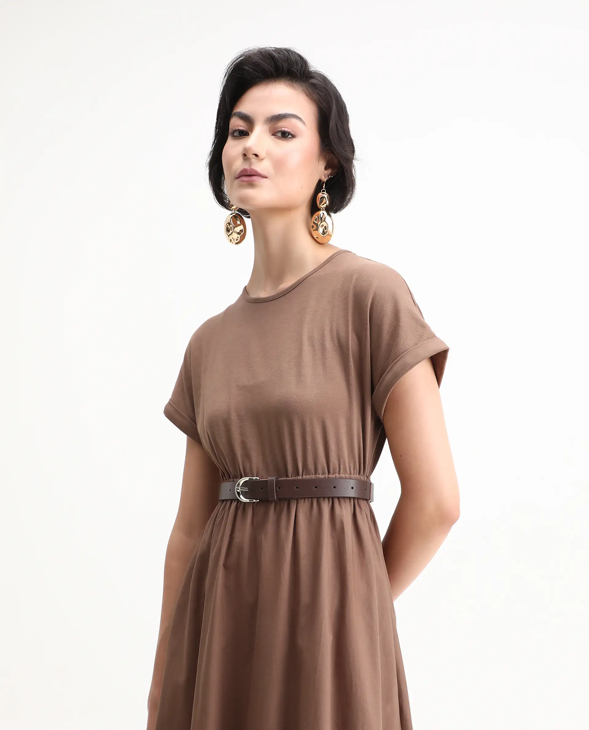 Rareism Women's Jento Brown Cotton Round Neck Fit And Flare Plain Midi Dress - Image 2