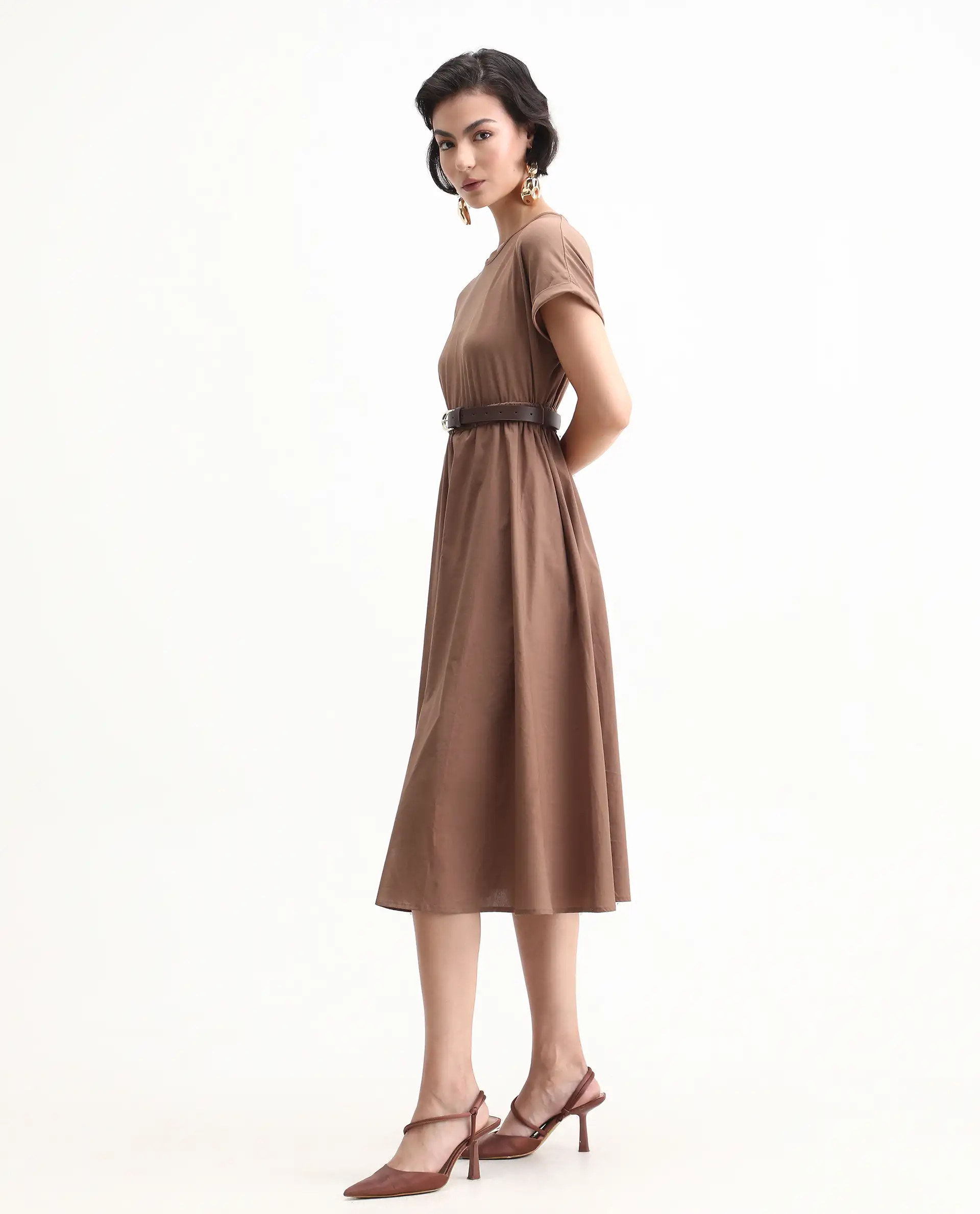 Rareism Women's Jento Brown Cotton Round Neck Fit And Flare Plain Midi Dress - Image 4
