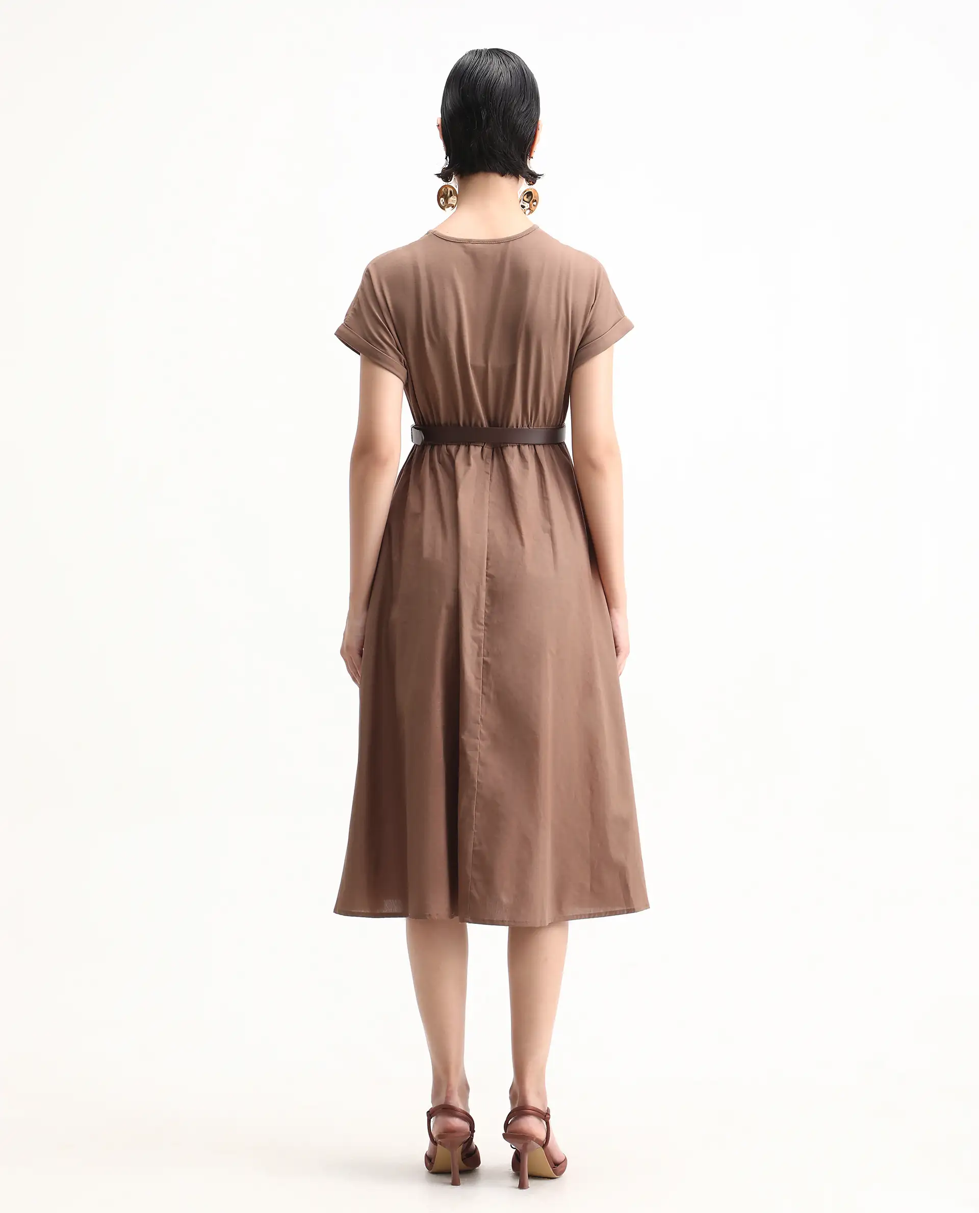 Rareism Women's Jento Brown Cotton Round Neck Fit And Flare Plain Midi Dress - Image 6