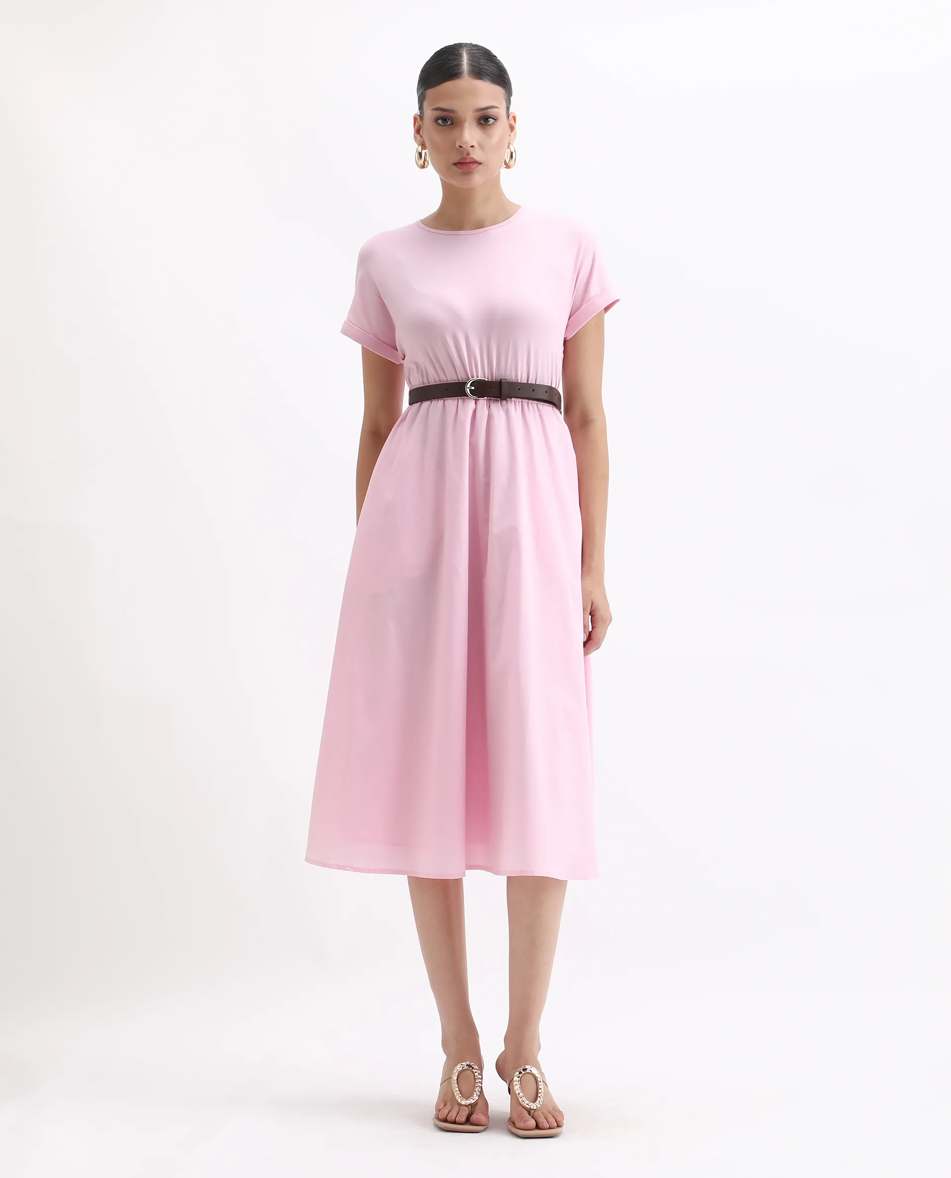 Rareism Women's Jento Pink Cotton Crew Neck Fit And Flare Dress - Image 2
