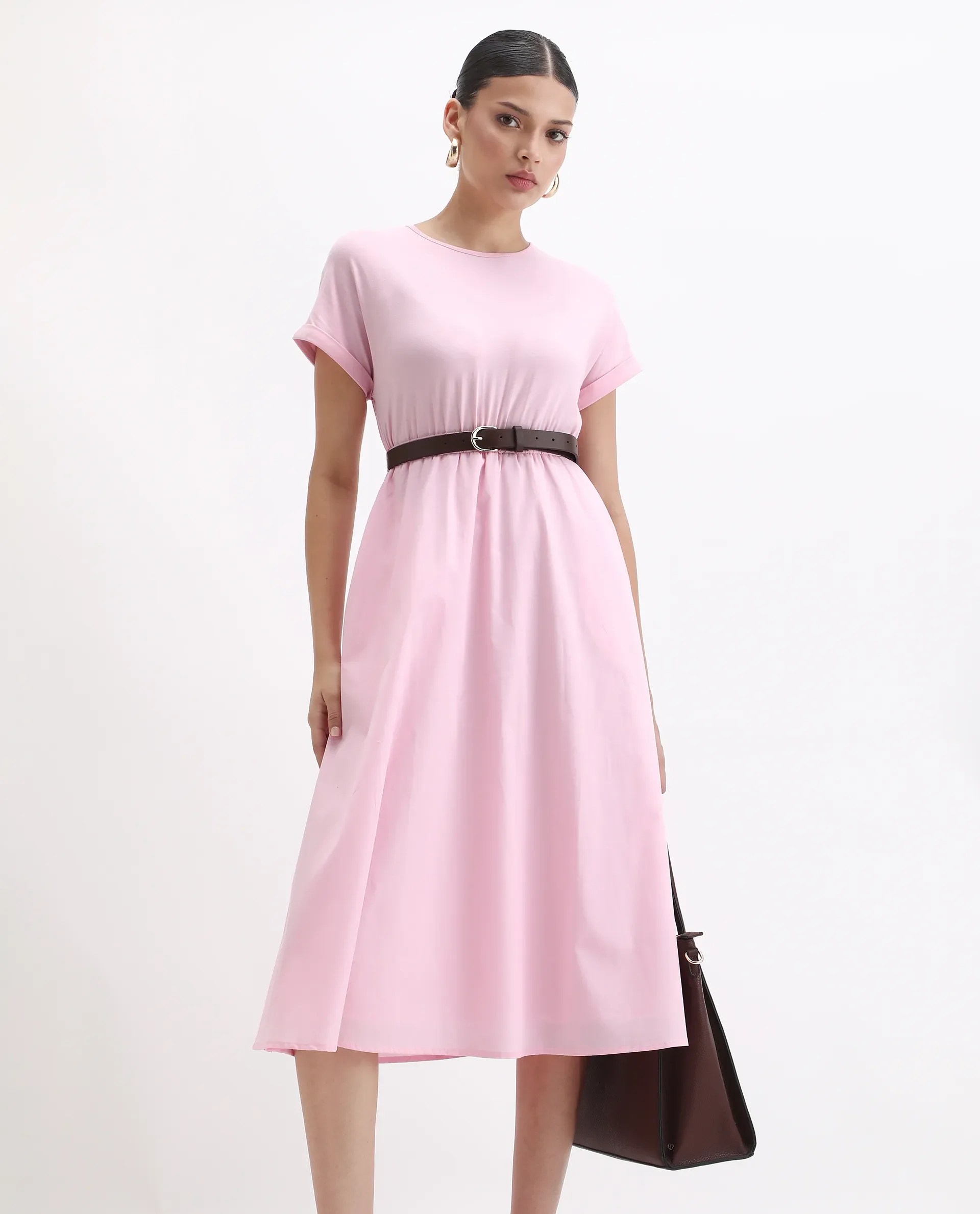 Rareism Women's Jento Pink Cotton Crew Neck Fit And Flare Dress - Image 3