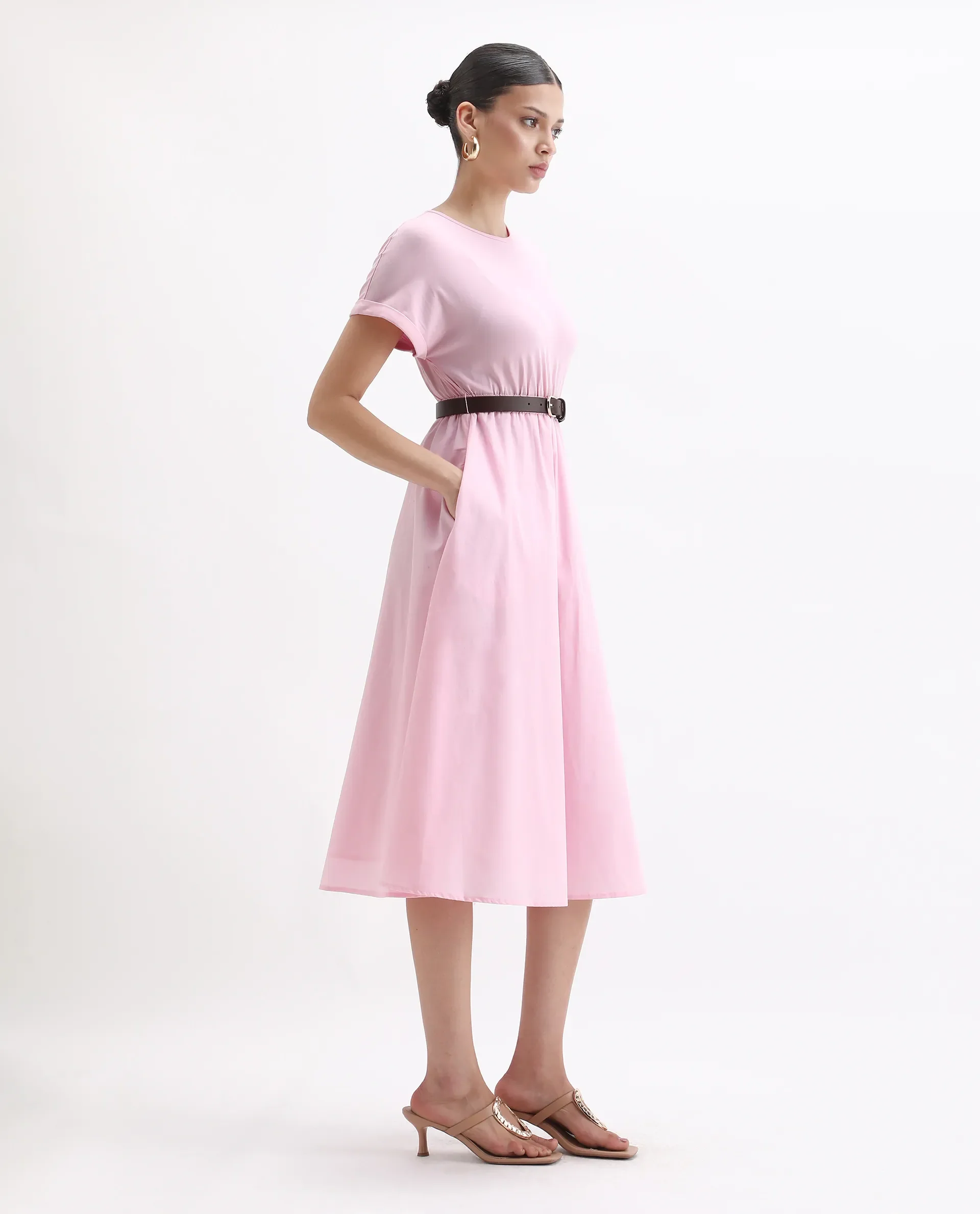 Rareism Women's Jento Pink Cotton Crew Neck Fit And Flare Dress - Image 5