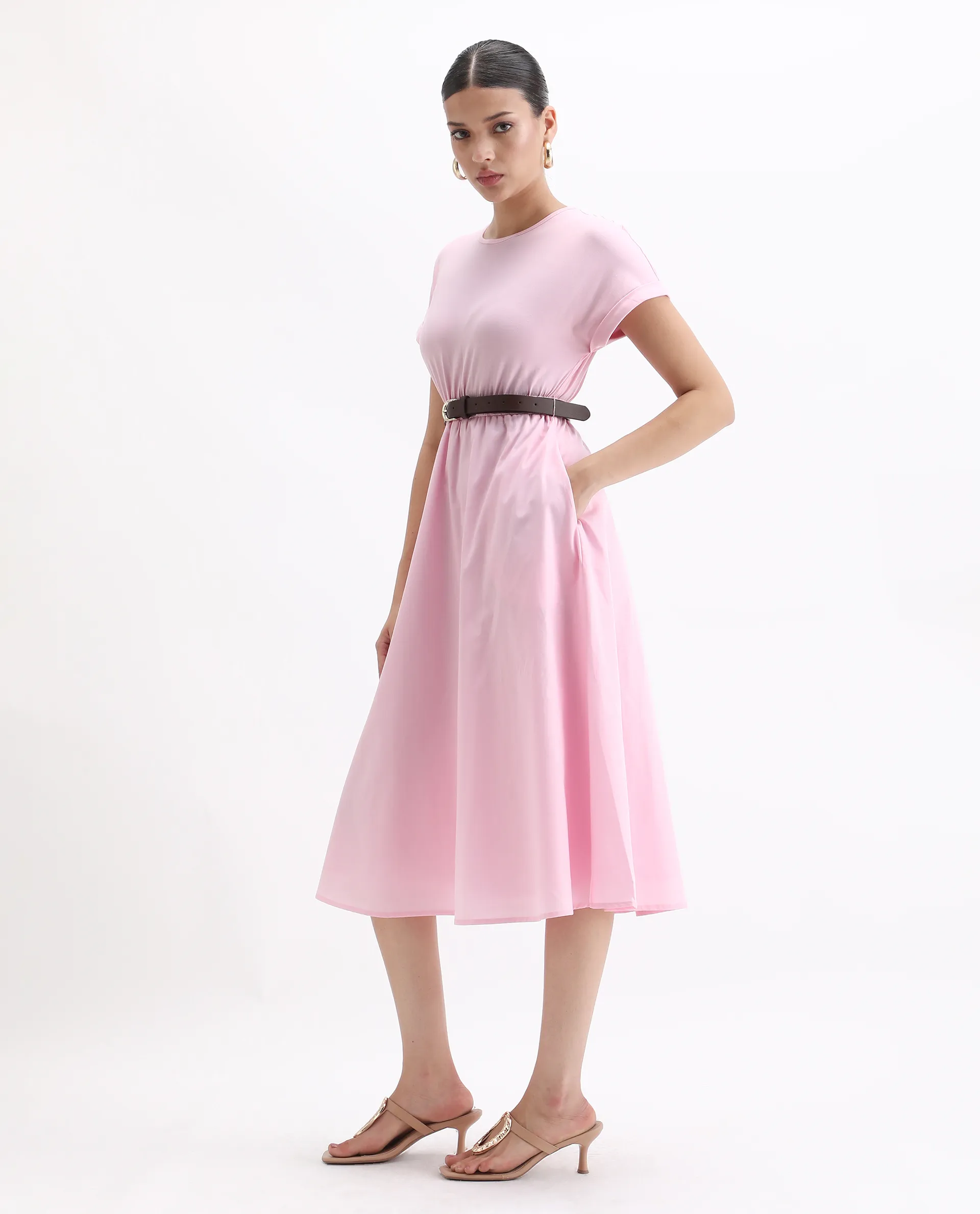 Rareism Women's Jento Pink Cotton Crew Neck Fit And Flare Dress - Image 6
