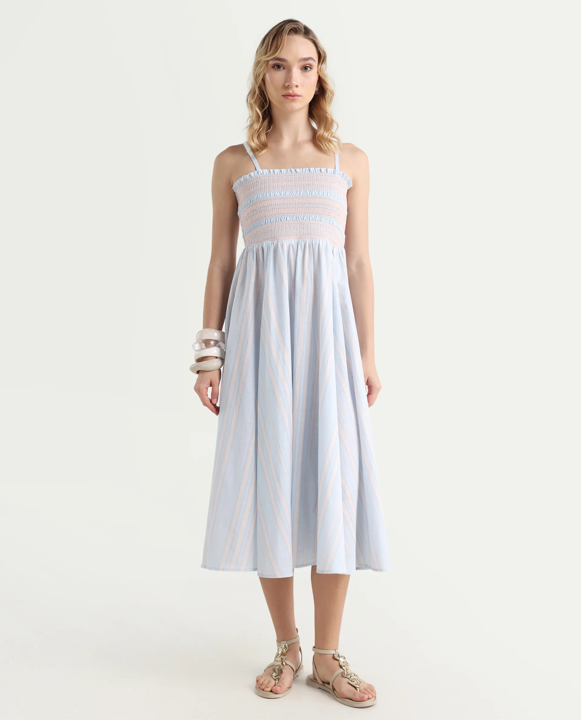 Rareism Women Jenvem Blue Tie-Up Neck Tie Up Closure Relaxed Fit Midi Printed Dress - Image 3