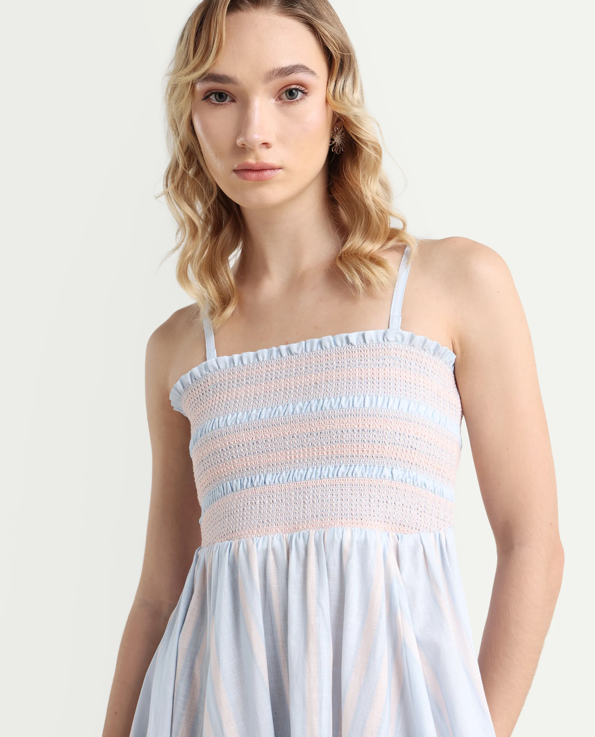 Rareism Women Jenvem Blue Tie-Up Neck Tie Up Closure Relaxed Fit Midi Printed Dress - Image 4