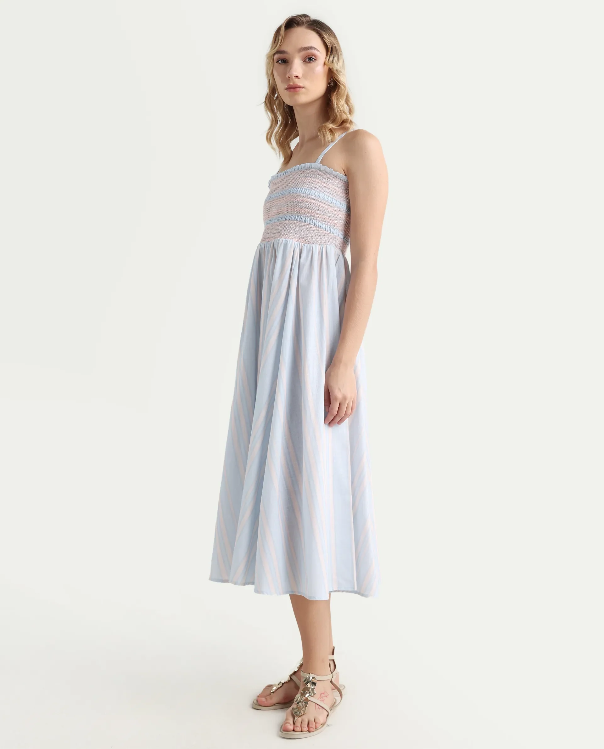 Rareism Women Jenvem Blue Tie-Up Neck Tie Up Closure Relaxed Fit Midi Printed Dress - Image 5