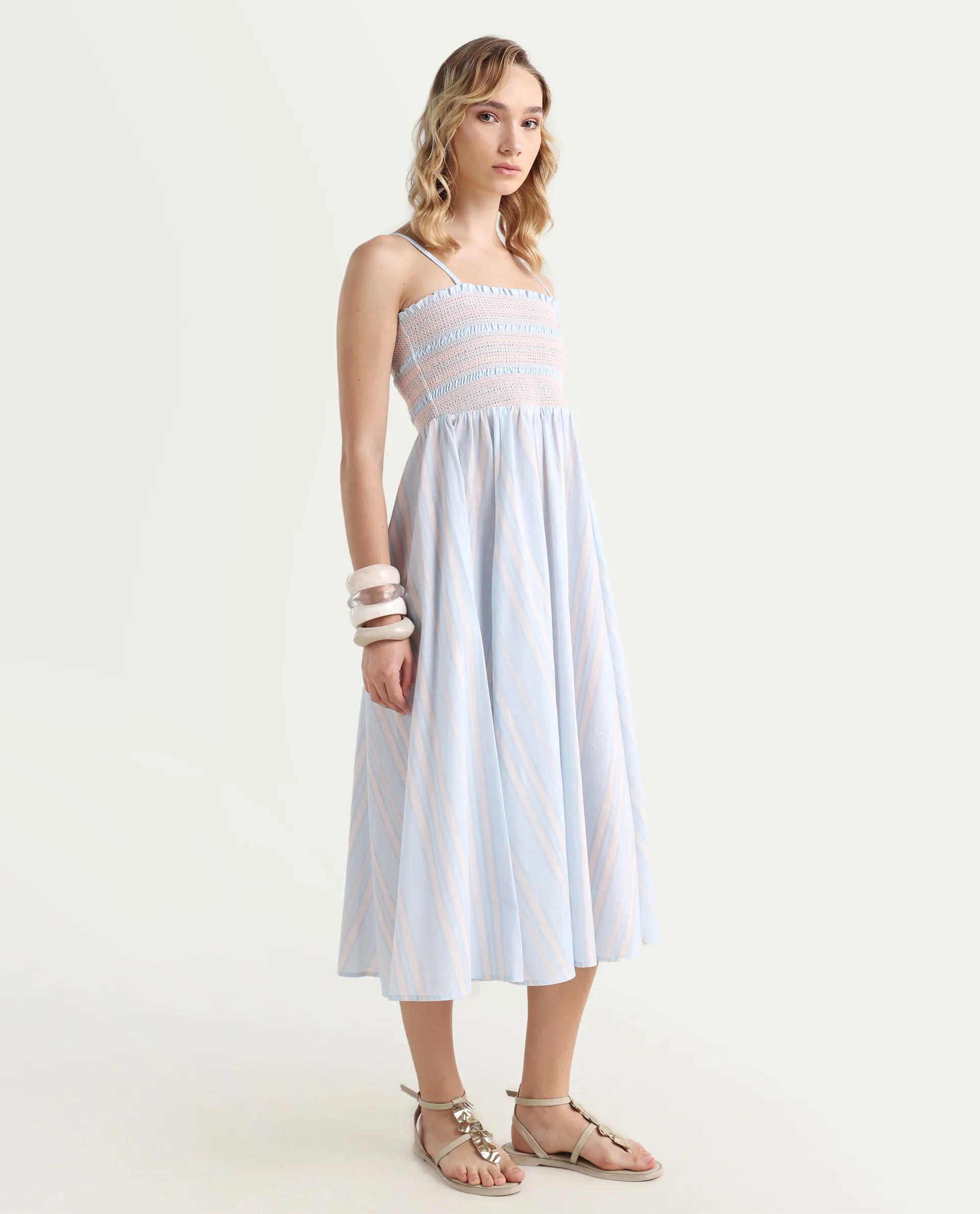 Rareism Women Jenvem Blue Tie-Up Neck Tie Up Closure Relaxed Fit Midi Printed Dress - Image 6