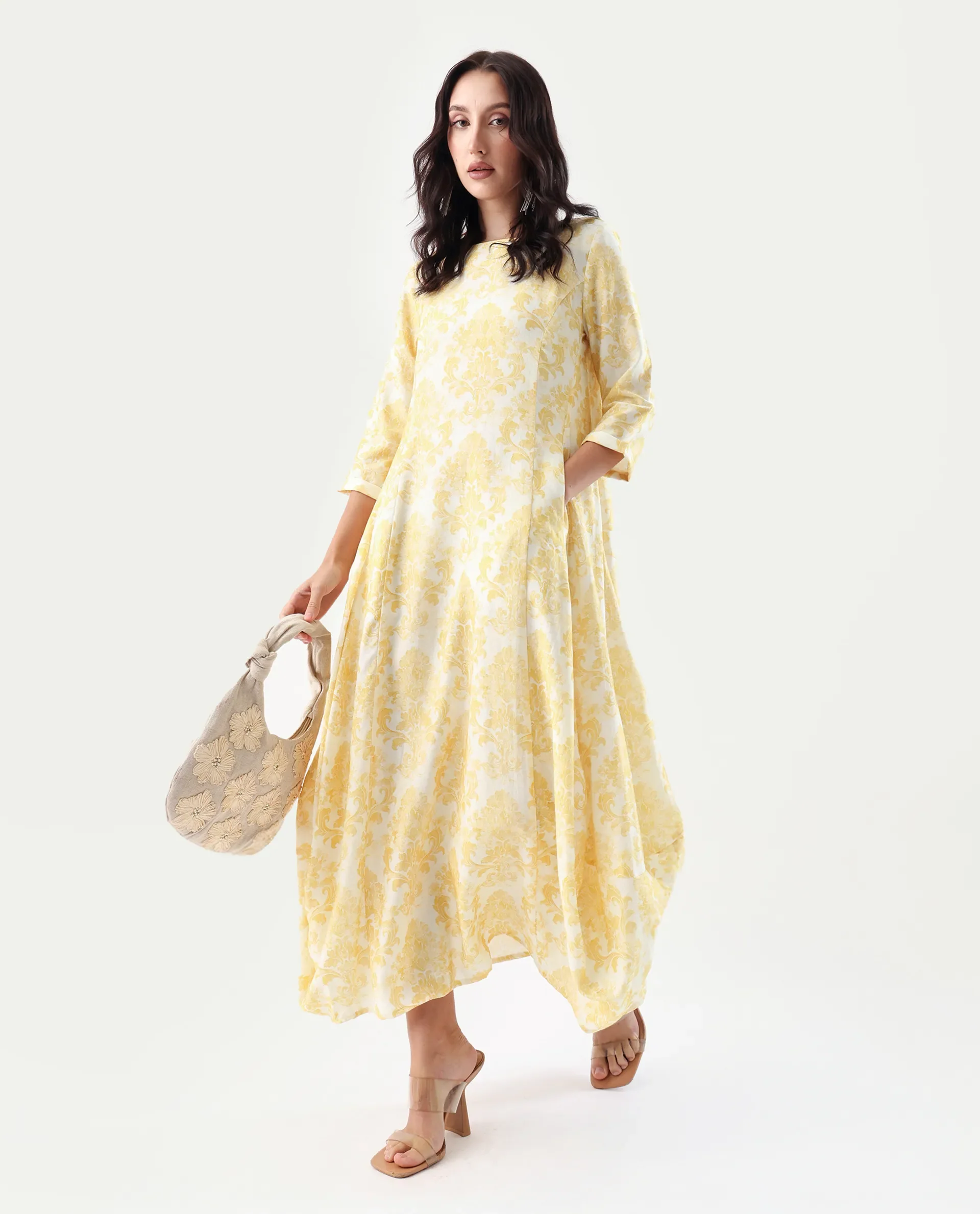 Rareism Women's Jenxi Yellow Viscose Blend Crew Neck Relaxed Fit Dress - Image 2