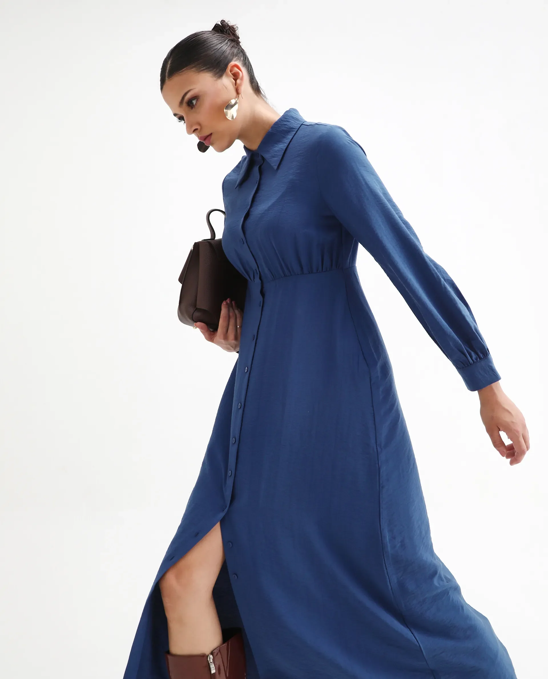 Rareism Women's Jenzif Blue Viscose Blend Collared Neck A-Line Plain Dress - Image 2