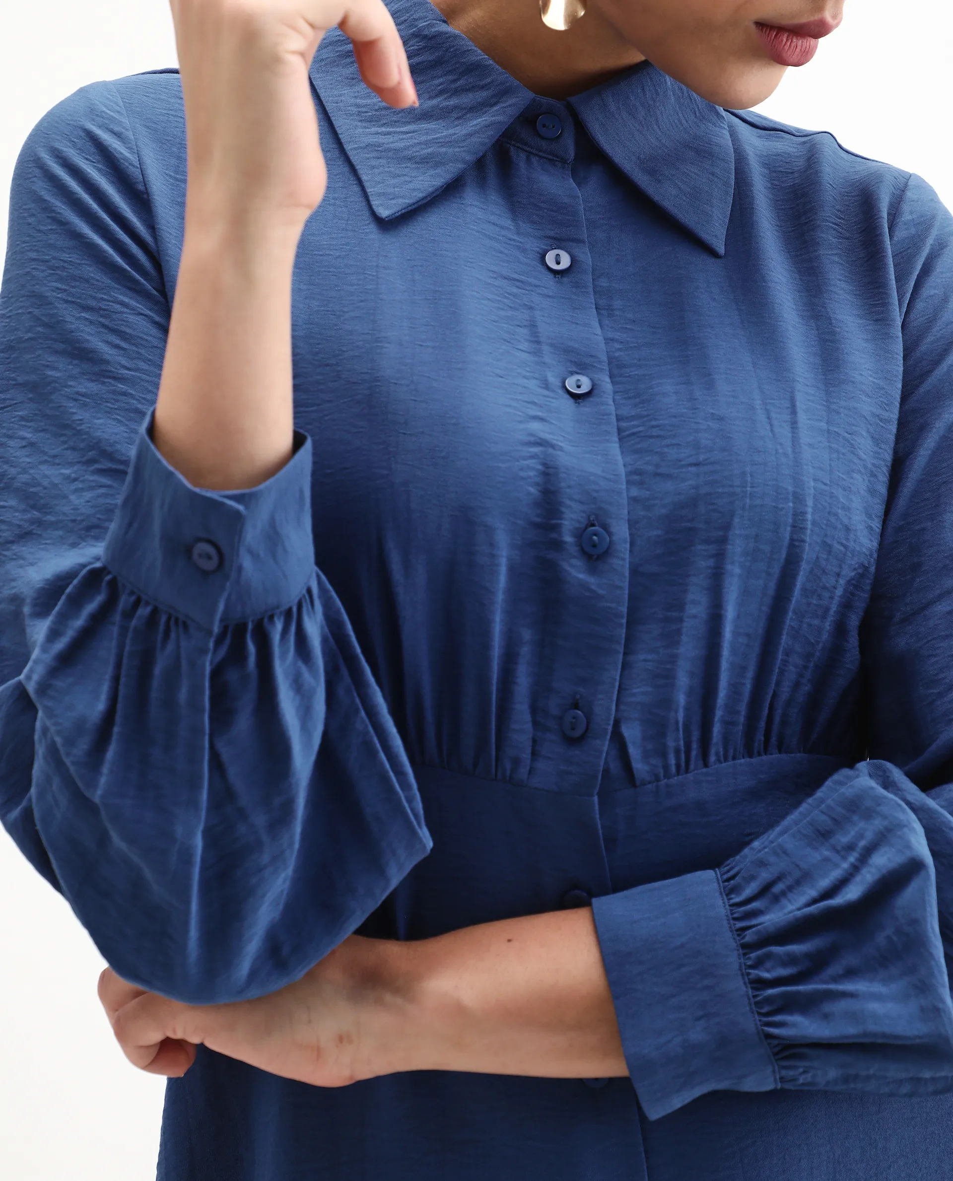 Rareism Women's Jenzif Blue Viscose Blend Collared Neck A-Line Plain Dress - Image 3