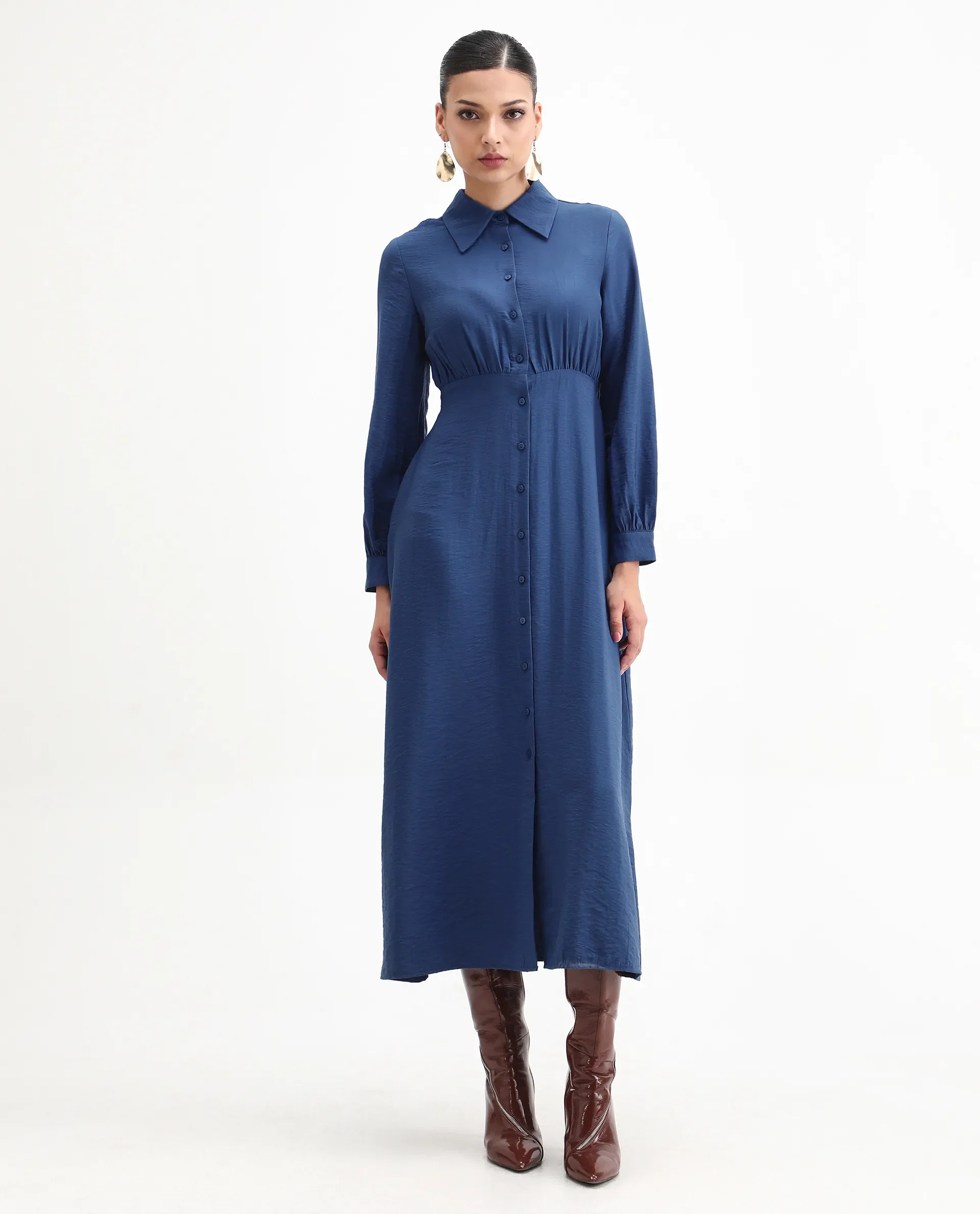 Rareism Women's Jenzif Blue Viscose Blend Collared Neck A-Line Plain Dress - Image 4