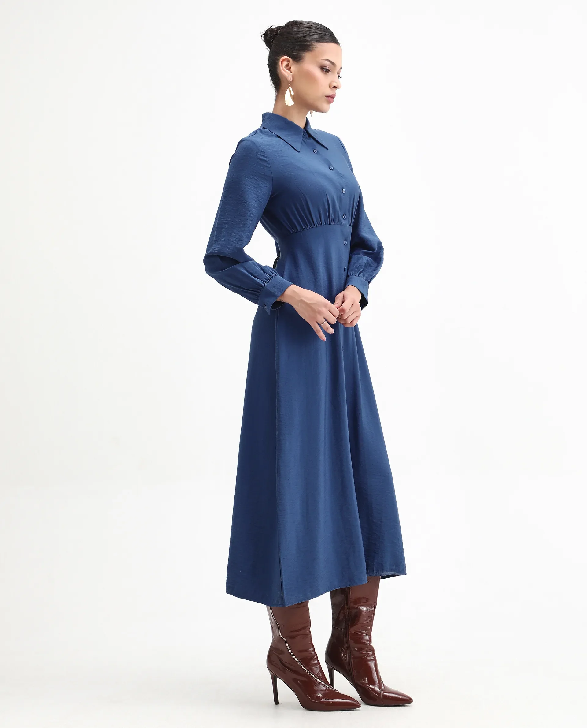 Rareism Women's Jenzif Blue Viscose Blend Collared Neck A-Line Plain Dress - Image 5