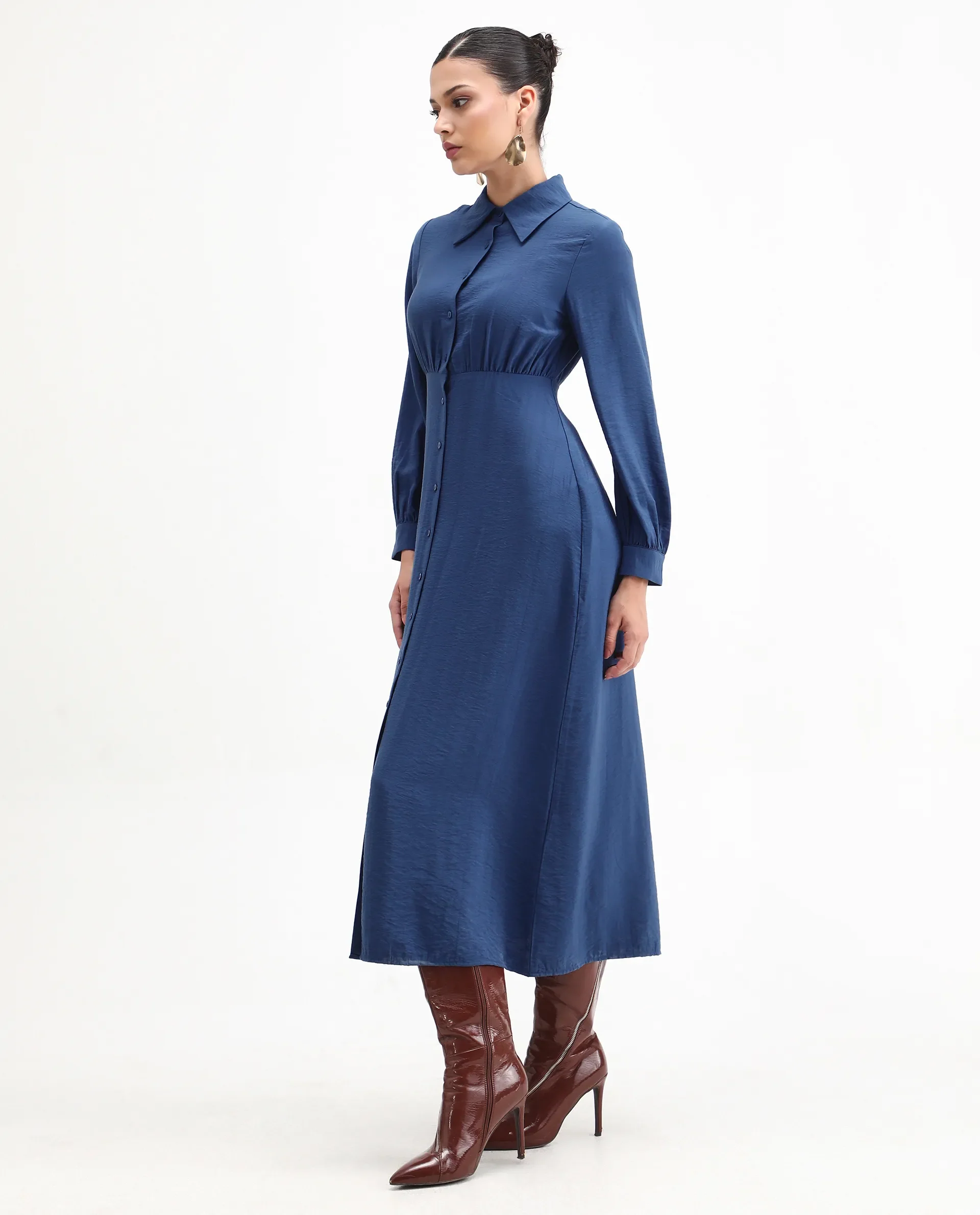 Rareism Women's Jenzif Blue Viscose Blend Collared Neck A-Line Plain Dress - Image 6