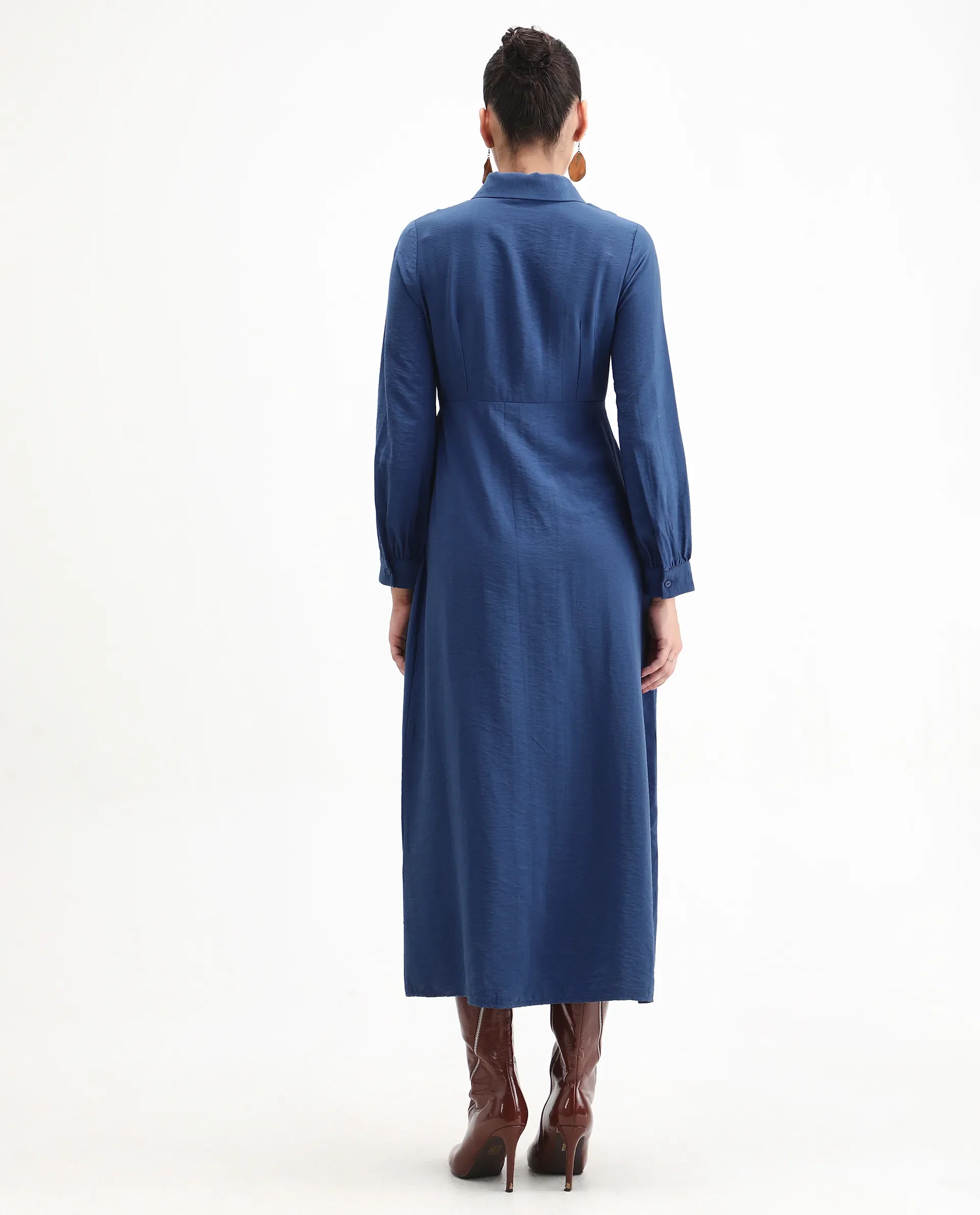 Rareism Women's Jenzif Blue Viscose Blend Collared Neck A-Line Plain Dress - Image 7