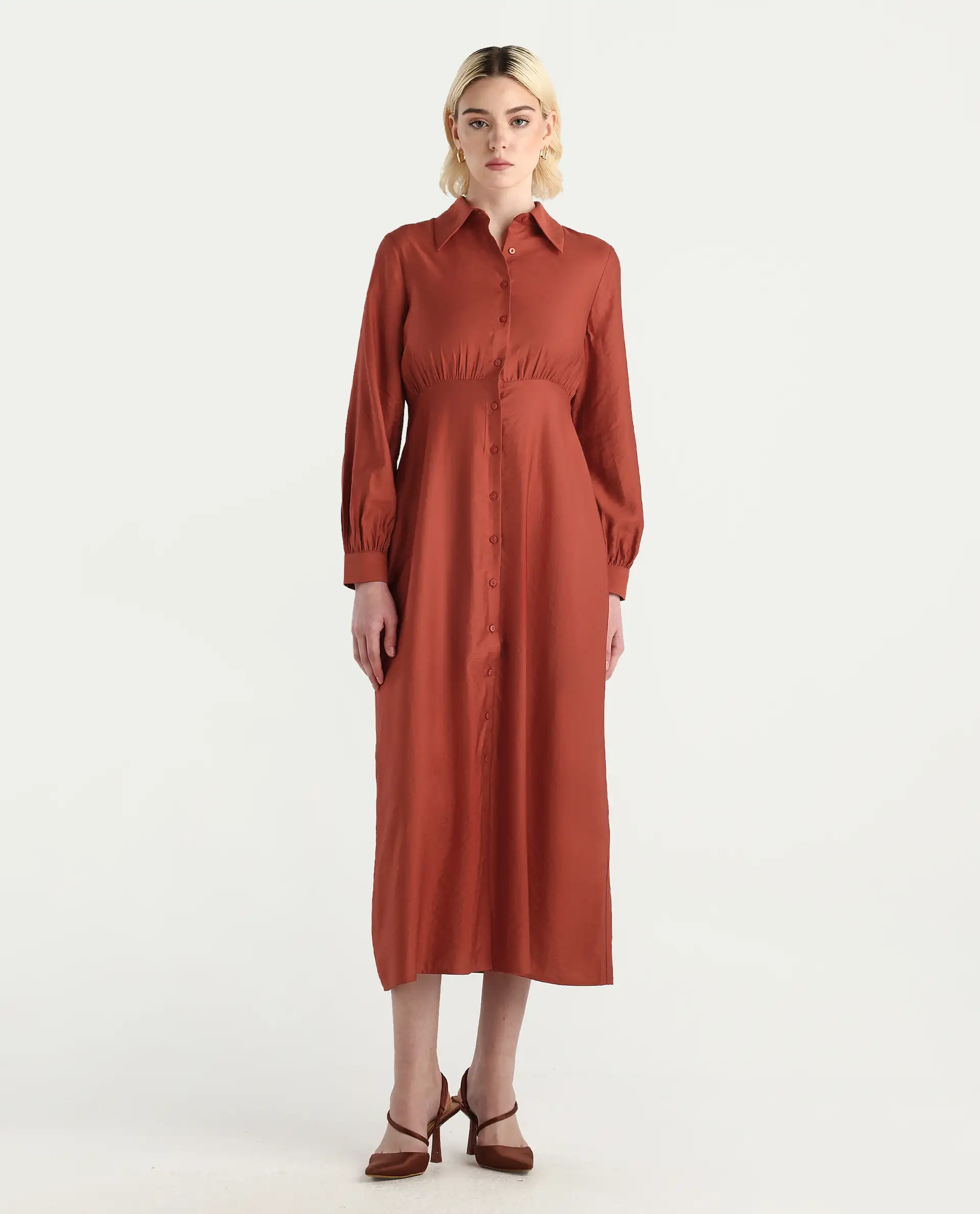 Rareism Women's Jenzif Rust Viscose Blend Cuffed Sleeve Collared Neck A-Line Fit Plain Dress - Image 2
