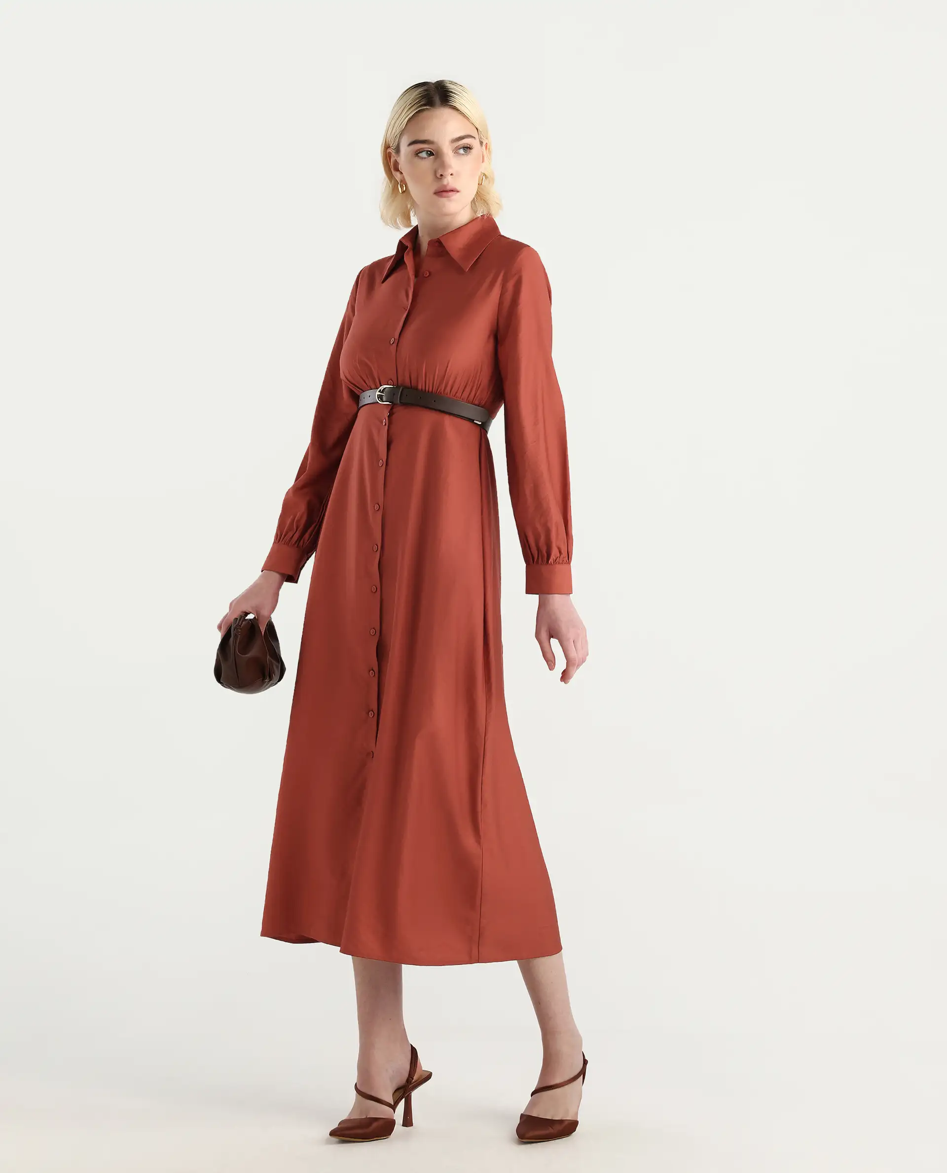 Rareism Women's Jenzif Rust Viscose Blend Cuffed Sleeve Collared Neck A-Line Fit Plain Dress - Image 3