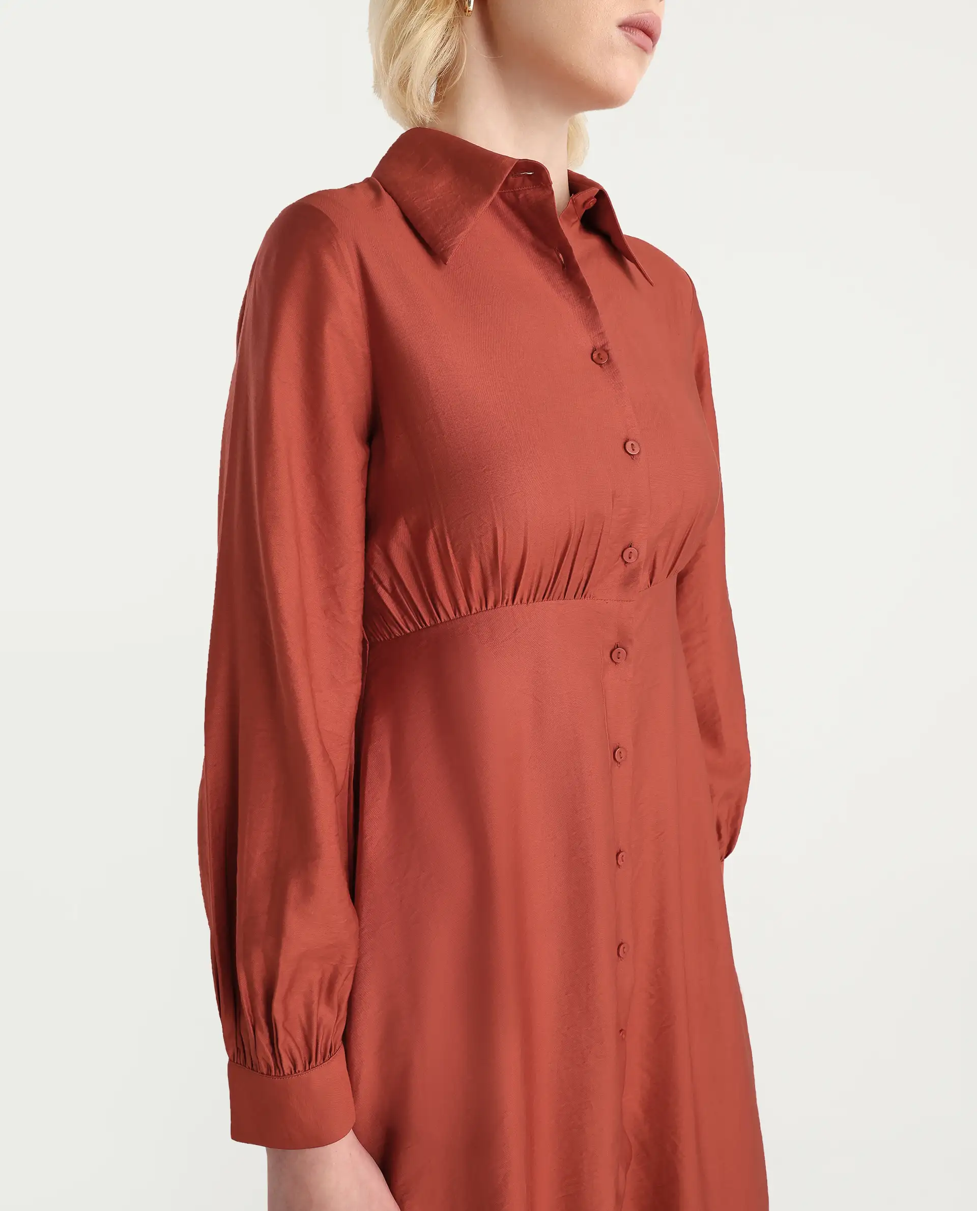 Rareism Women's Jenzif Rust Viscose Blend Cuffed Sleeve Collared Neck A-Line Fit Plain Dress - Image 4
