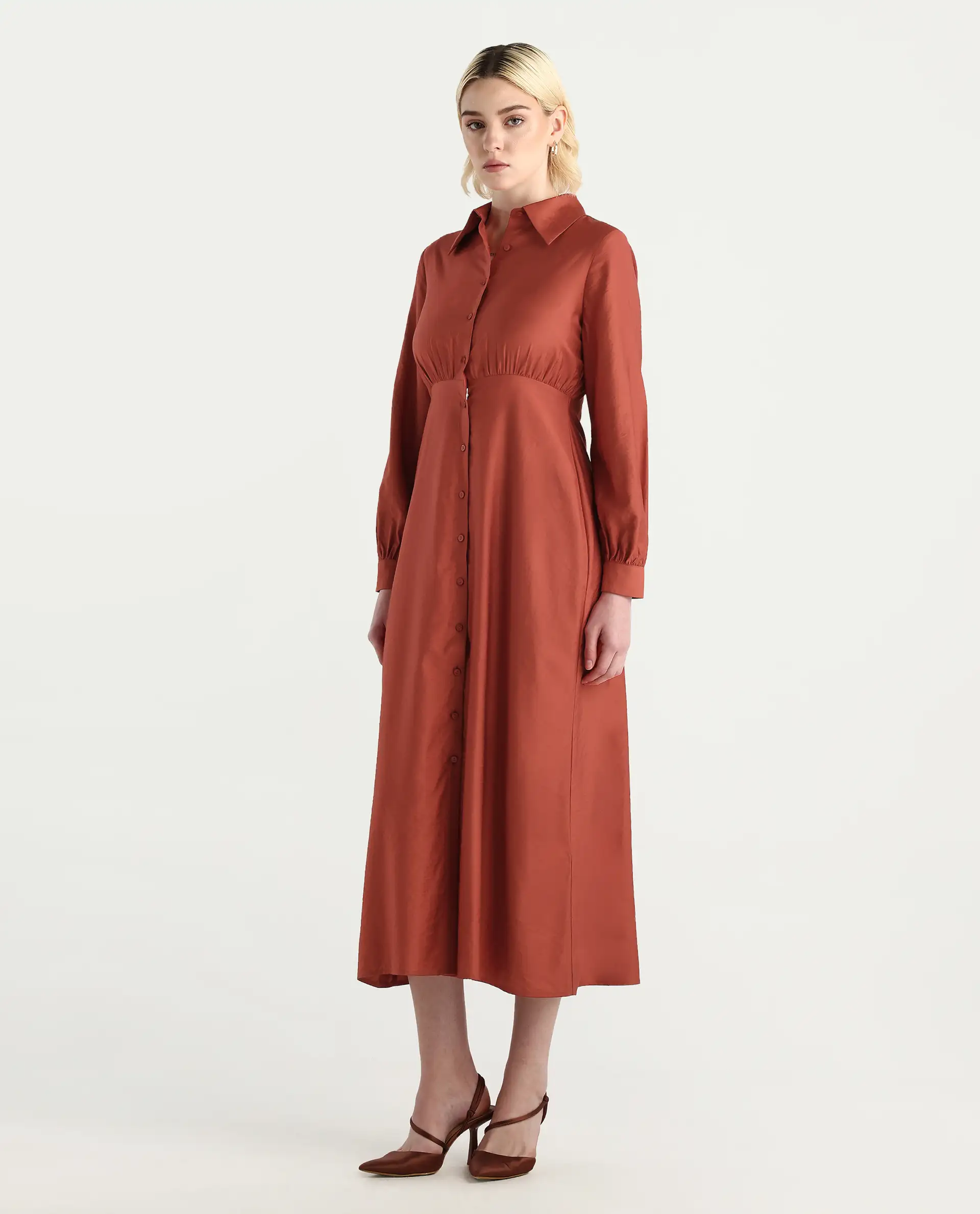Rareism Women's Jenzif Rust Viscose Blend Cuffed Sleeve Collared Neck A-Line Fit Plain Dress - Image 5