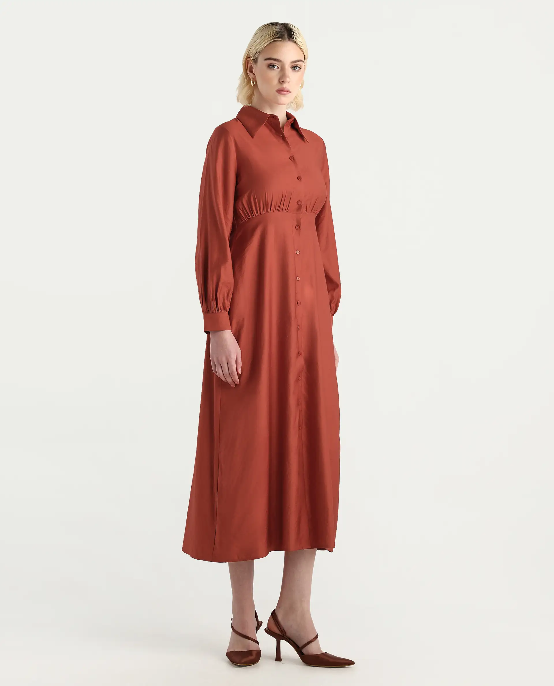 Rareism Women's Jenzif Rust Viscose Blend Cuffed Sleeve Collared Neck A-Line Fit Plain Dress - Image 6