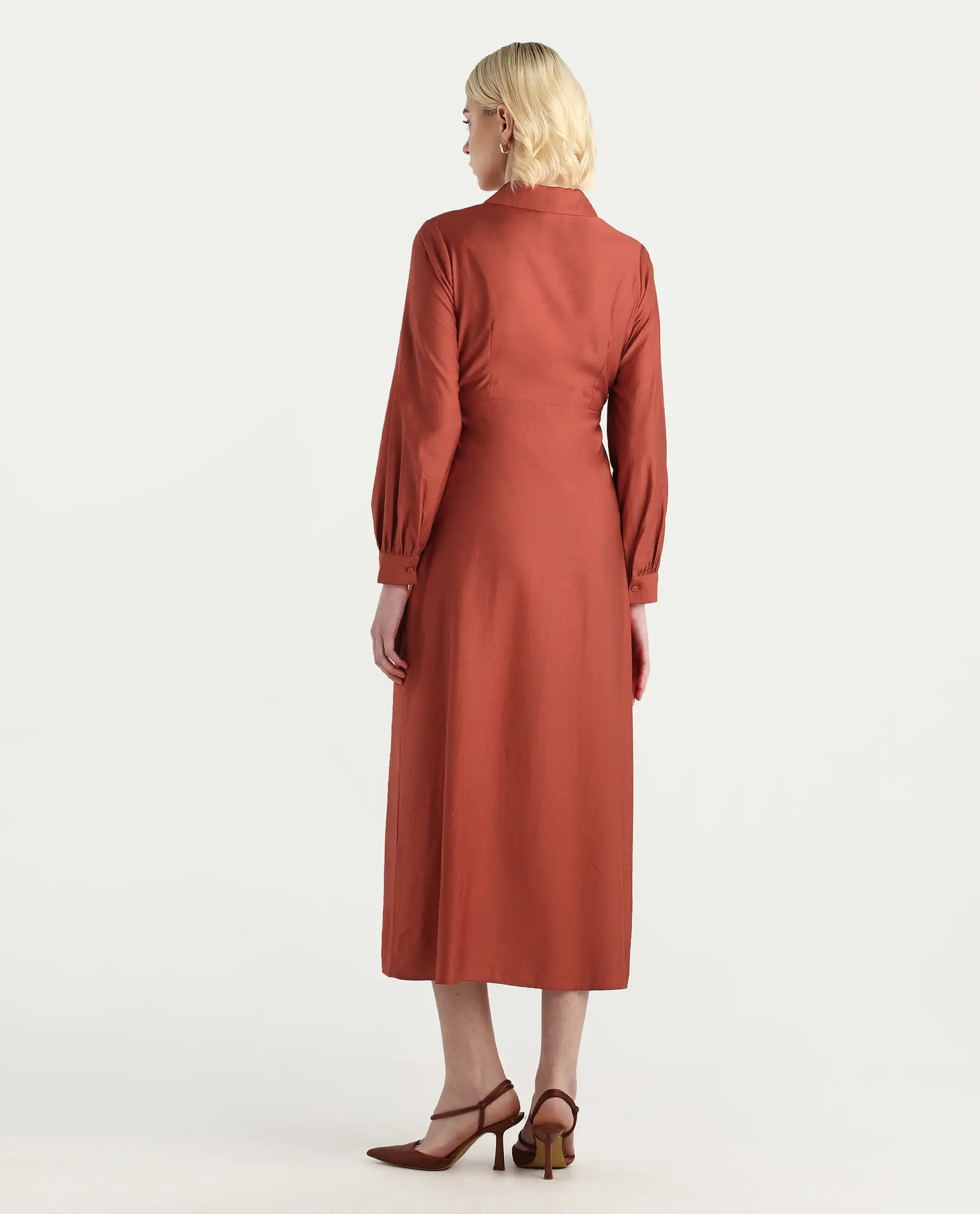 Rareism Women's Jenzif Rust Viscose Blend Cuffed Sleeve Collared Neck A-Line Fit Plain Dress - Image 7