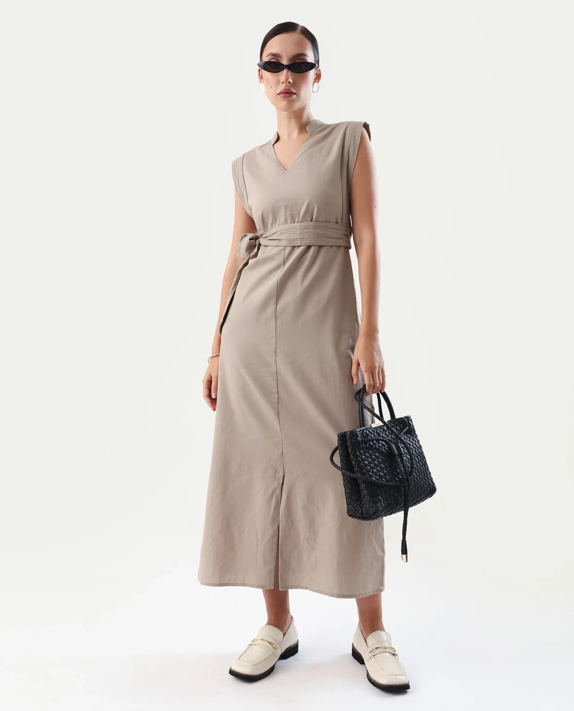 Rareism Women's Jenzo Beige Cotton Mandarin Collar Straight Fit Plain Dress