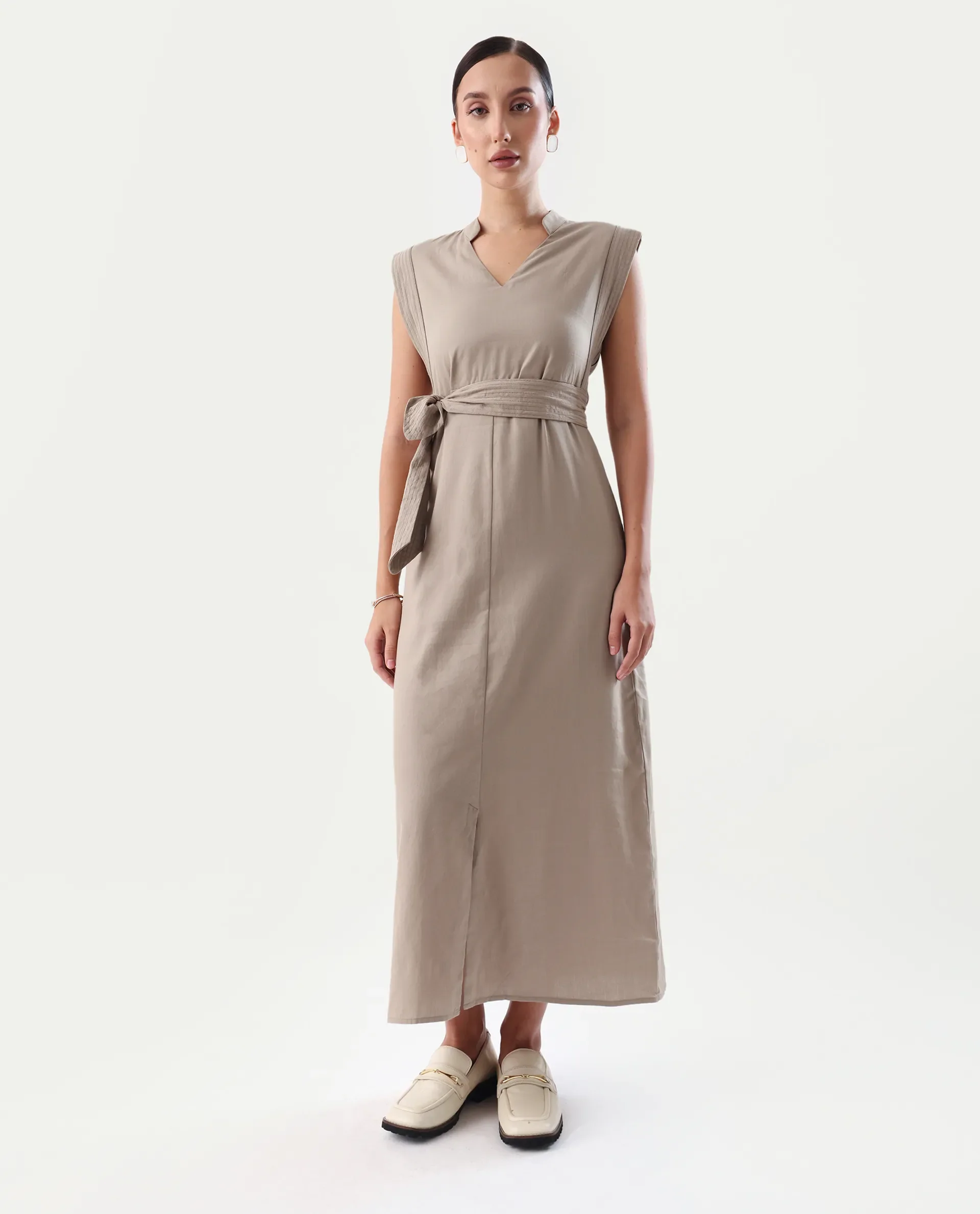 Rareism Women's Jenzo Beige Cotton Mandarin Collar Straight Fit Plain Dress - Image 2