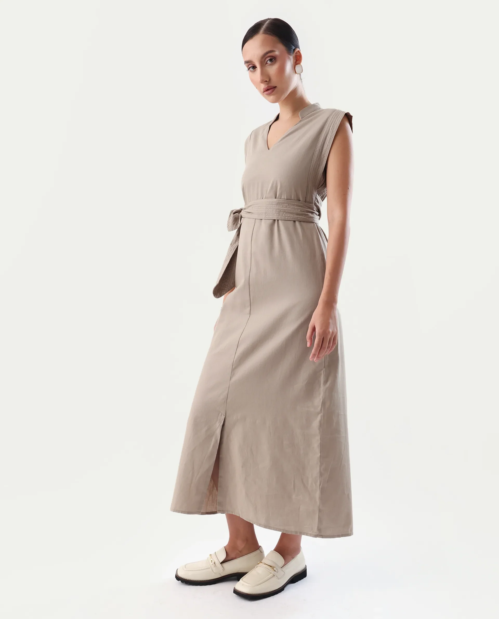 Rareism Women's Jenzo Beige Cotton Mandarin Collar Straight Fit Plain Dress - Image 5