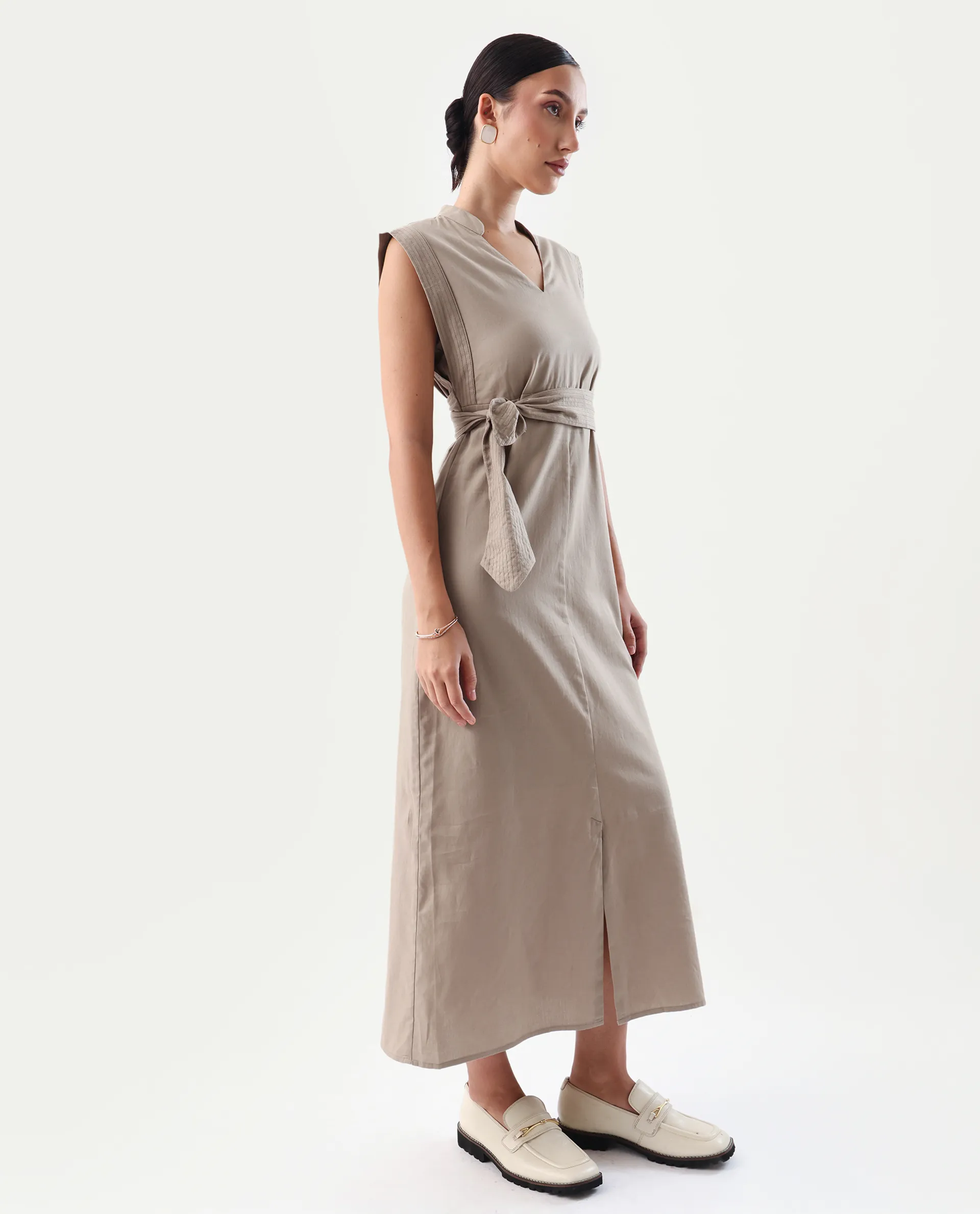 Rareism Women's Jenzo Beige Cotton Mandarin Collar Straight Fit Plain Dress - Image 6