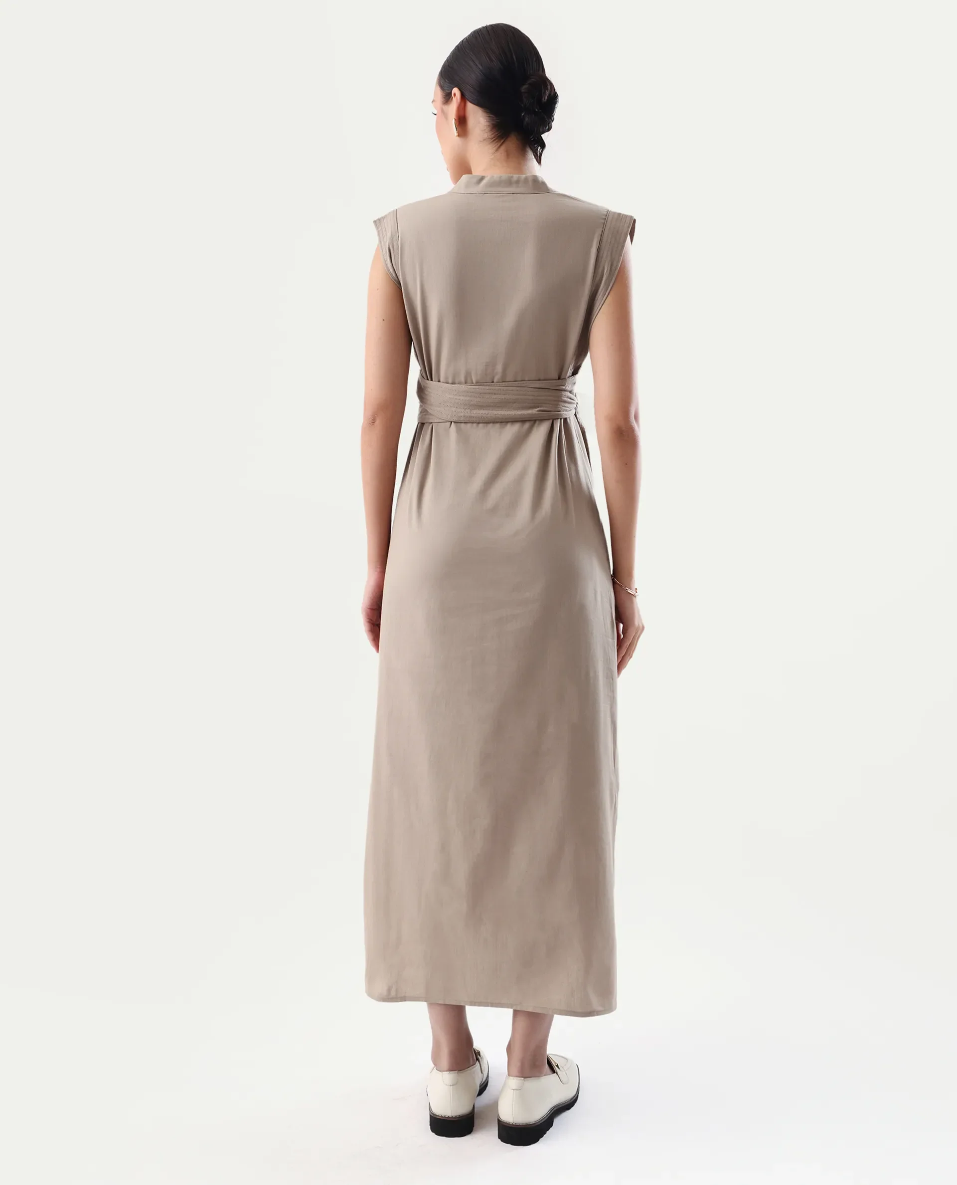 Rareism Women's Jenzo Beige Cotton Mandarin Collar Straight Fit Plain Dress - Image 7