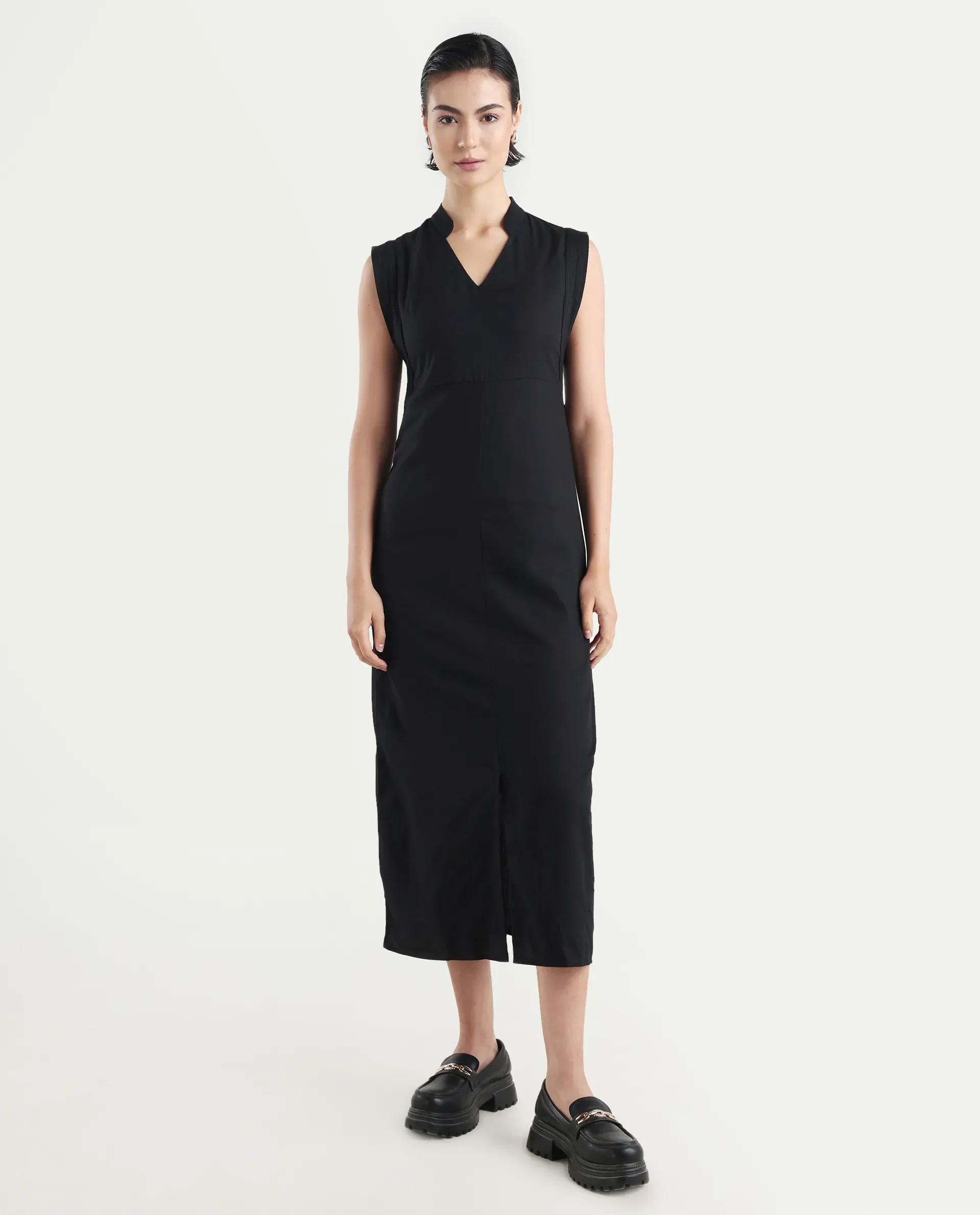 Rareism Women's Jenzo Black Cotton Sleeveless Mandarin Collar Straight Fit Plain Dress - Image 2