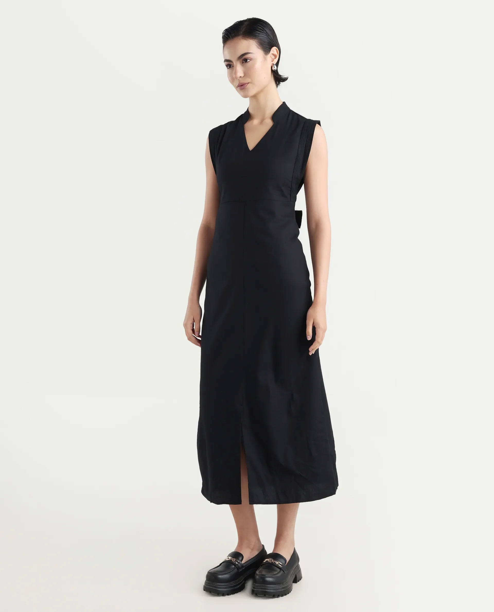 Rareism Women's Jenzo Black Cotton Sleeveless Mandarin Collar Straight Fit Plain Dress - Image 3