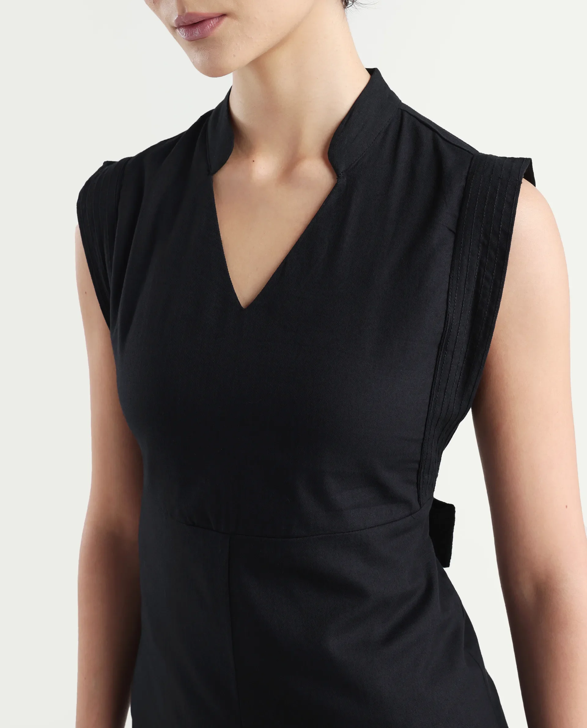 Rareism Women's Jenzo Black Cotton Sleeveless Mandarin Collar Straight Fit Plain Dress - Image 4