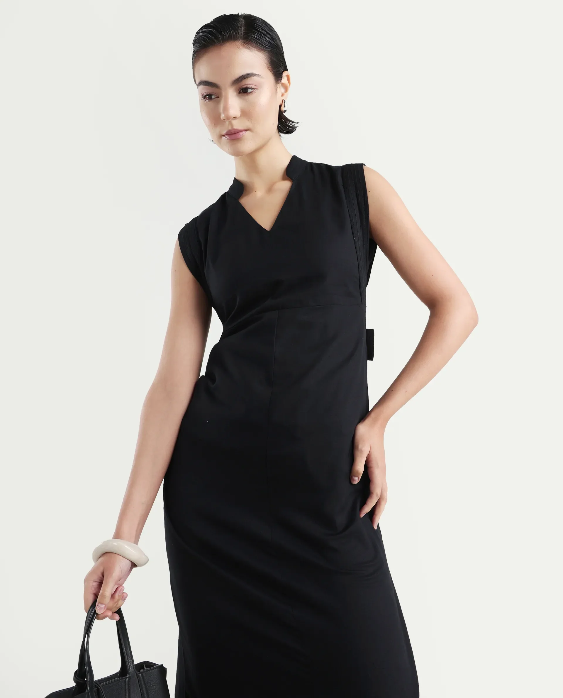 Rareism Women's Jenzo Black Cotton Sleeveless Mandarin Collar Straight Fit Plain Dress - Image 5