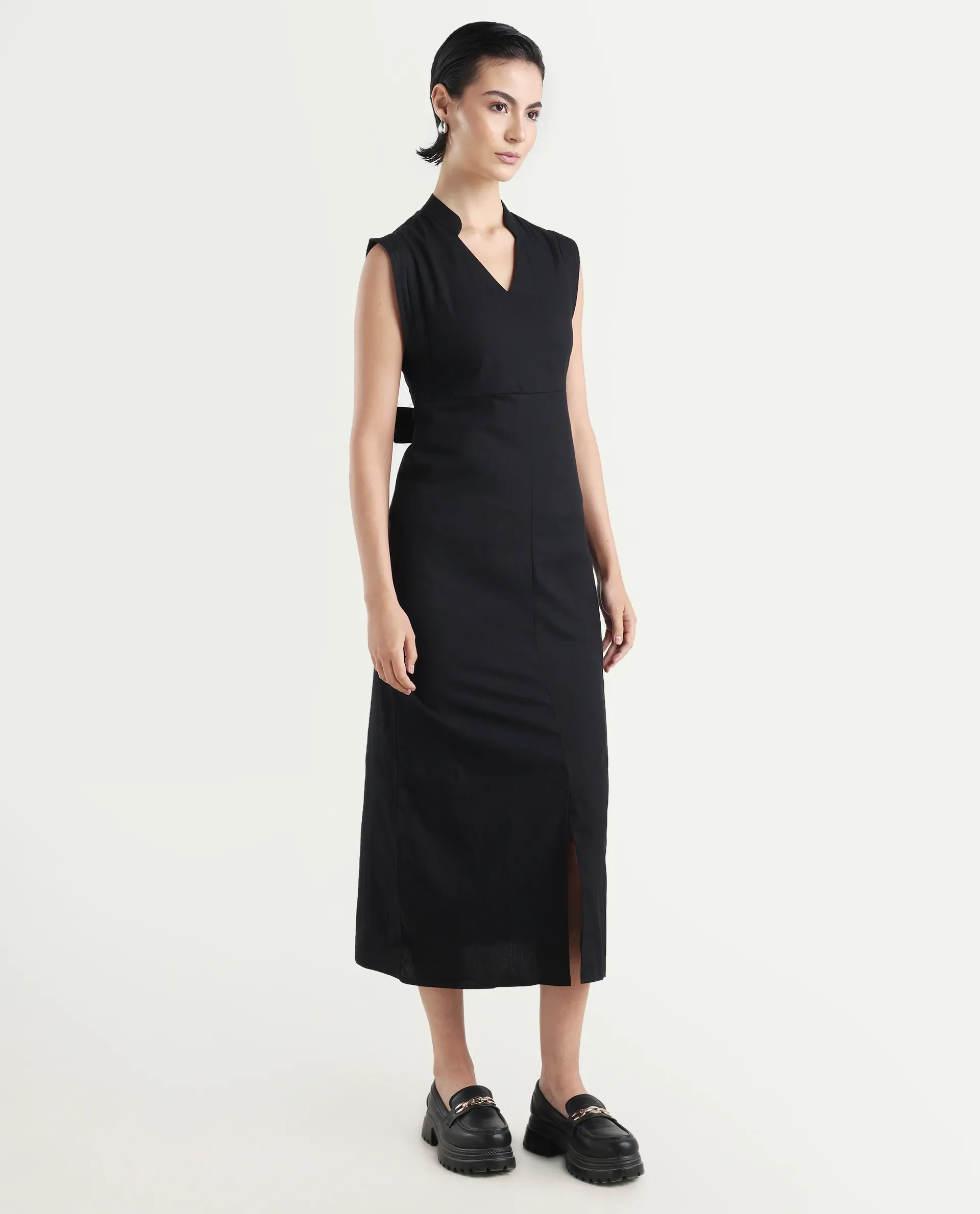 Rareism Women's Jenzo Black Cotton Sleeveless Mandarin Collar Straight Fit Plain Dress - Image 6