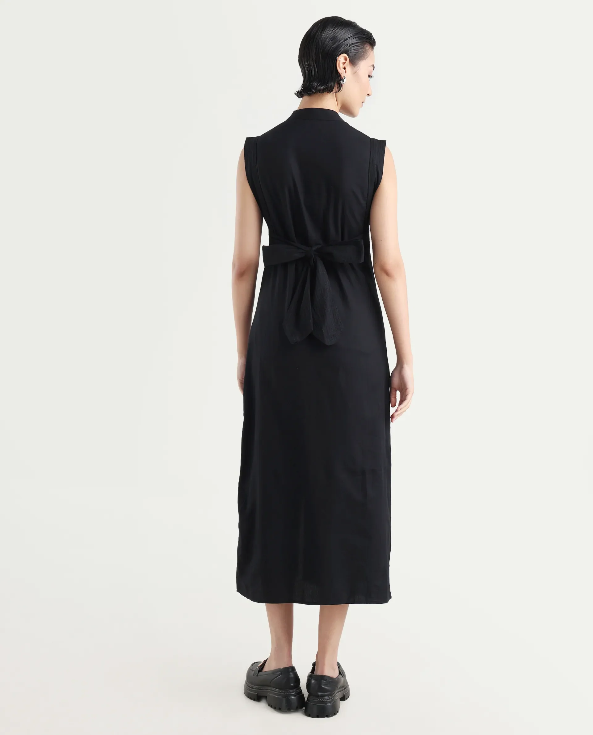 Rareism Women's Jenzo Black Cotton Sleeveless Mandarin Collar Straight Fit Plain Dress - Image 7