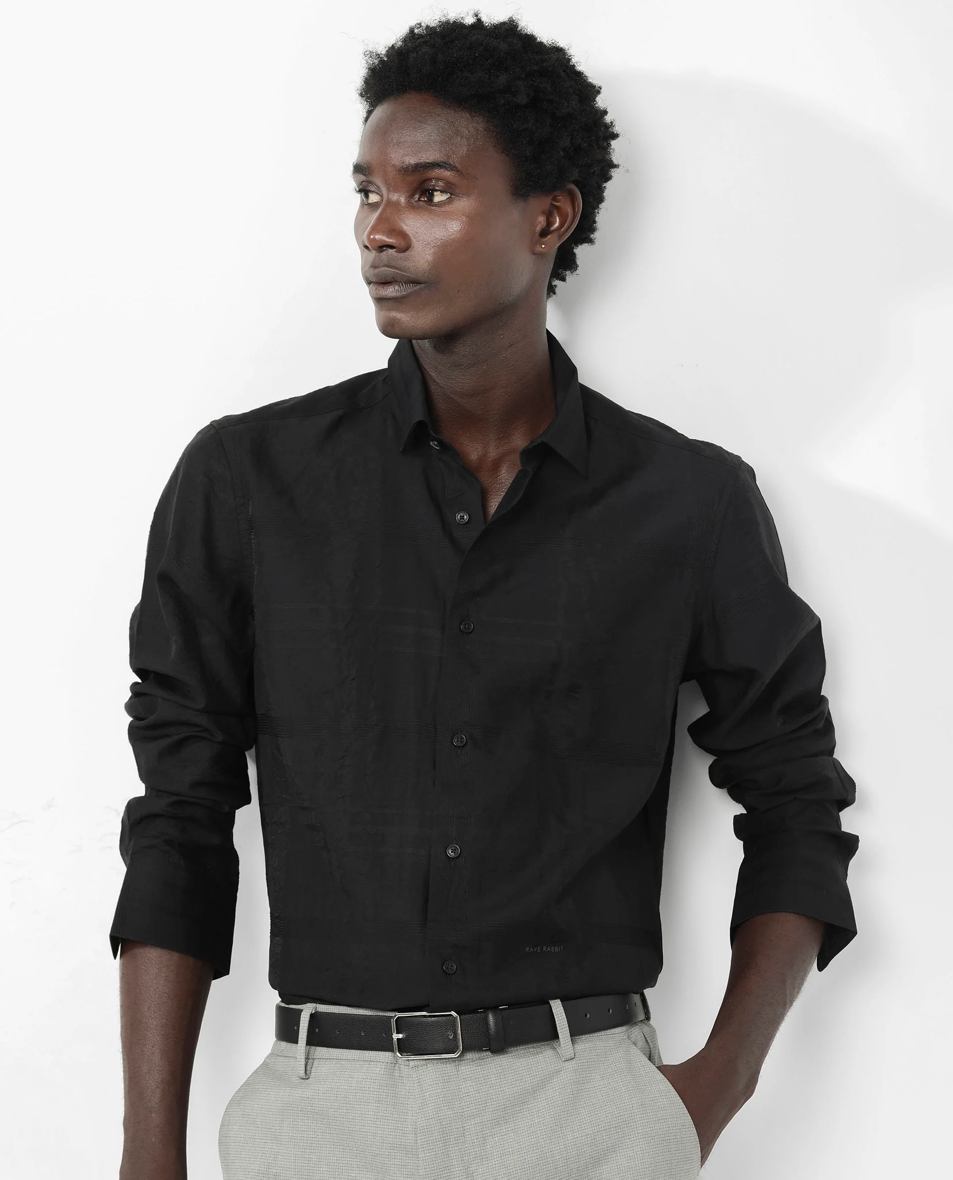 Rare Rabbit Men's Jerdo Black Viscose Checked Print Regular Fit Full Sleeve Collared Shirt