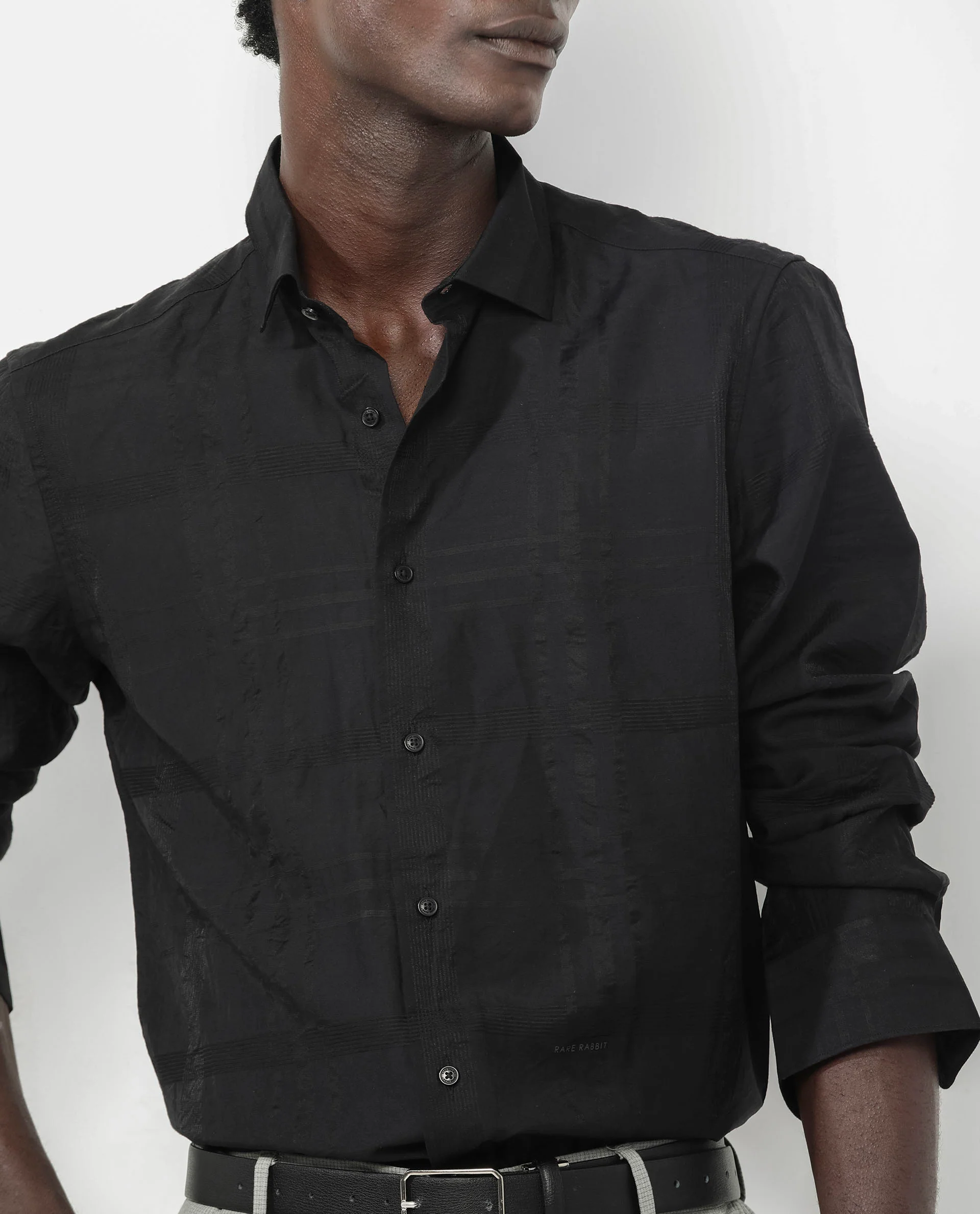 Rare Rabbit Men's Jerdo Black Viscose Checked Print Regular Fit Full Sleeve Collared Shirt - Image 2