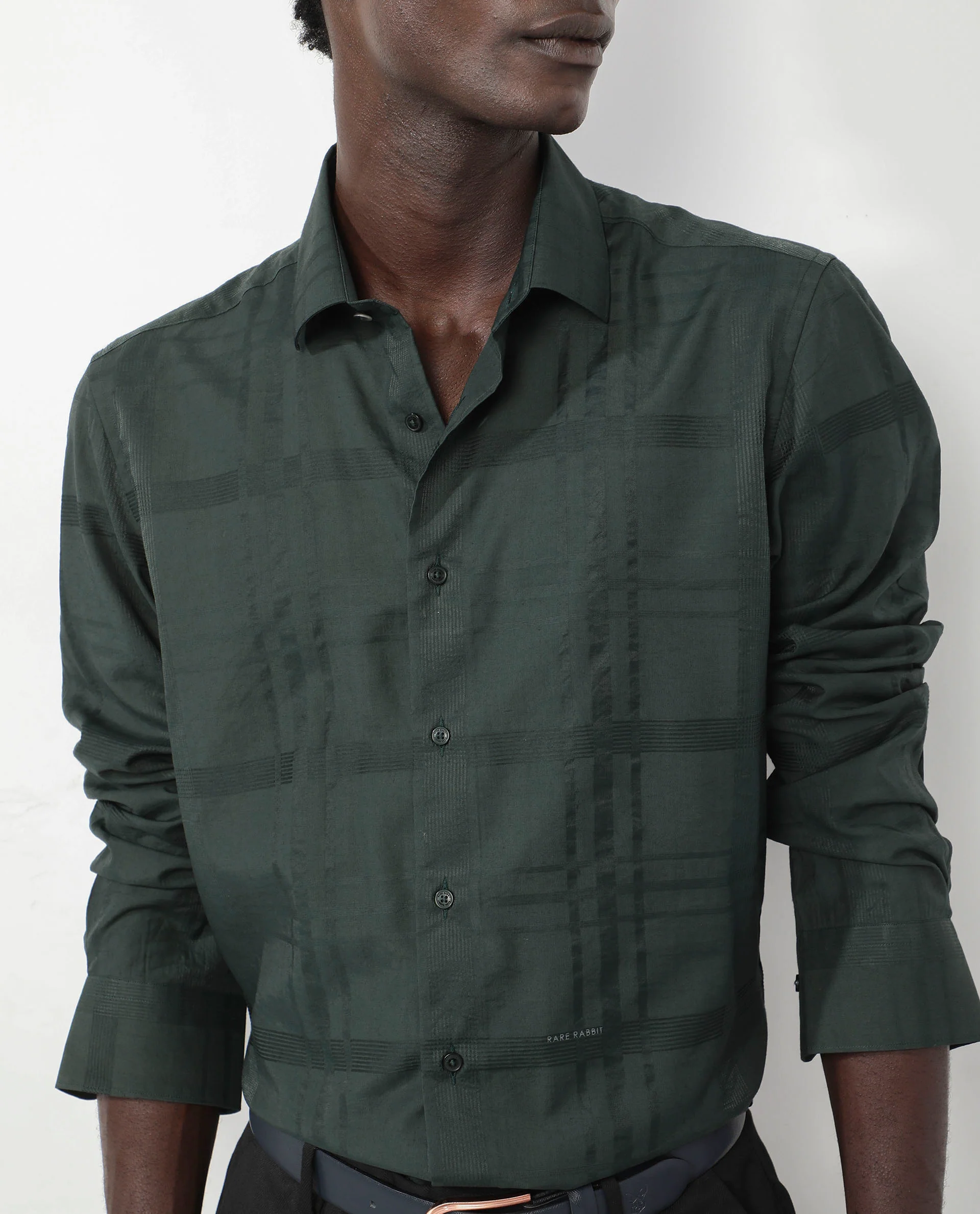 Rare Rabbit Men's Jerdo Green Viscose Checked Print Regular Fit Full Sleeve Spread Collar Shirt - Image 3