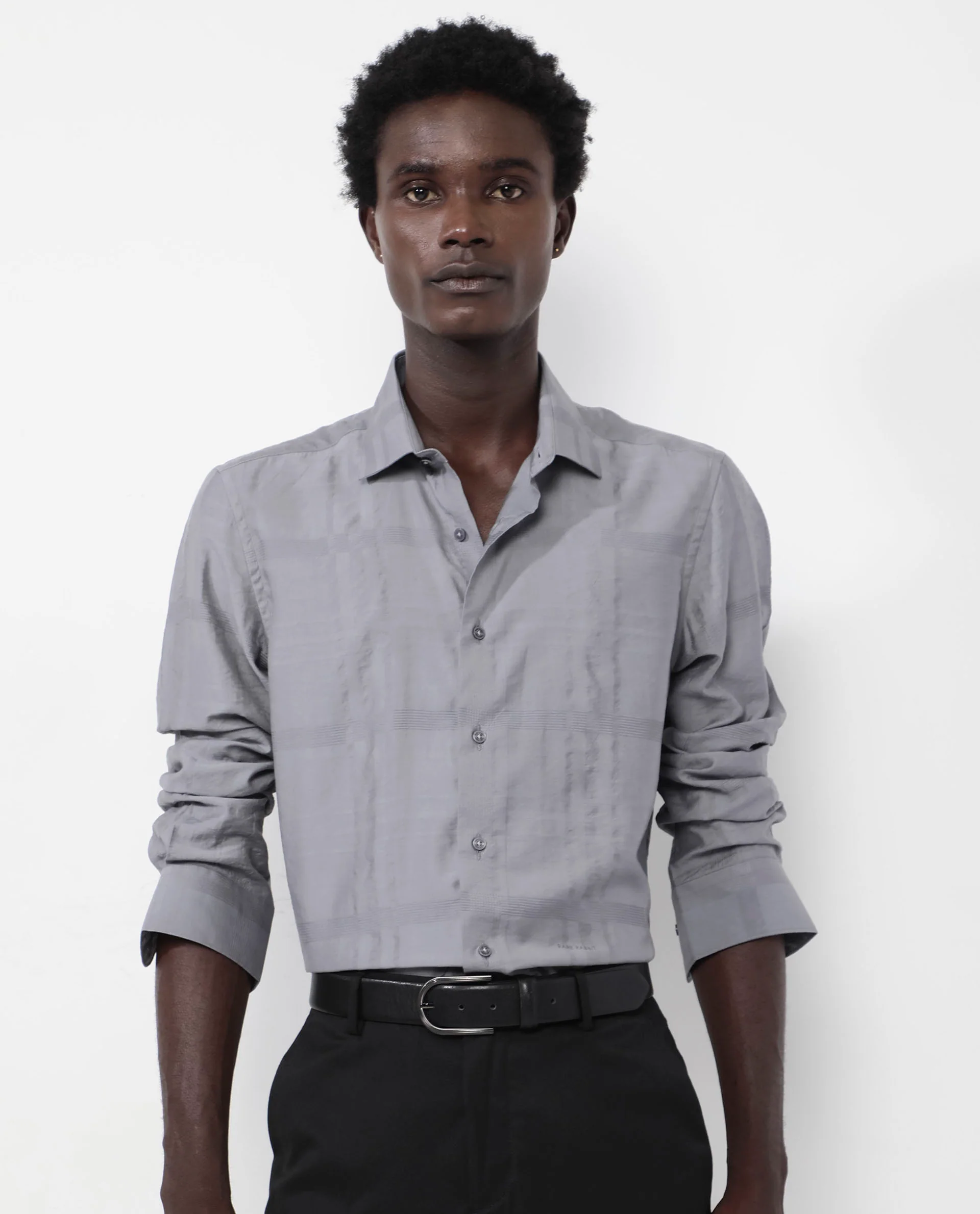 Rare Rabbit Men's Jerdo Grey Viscose Checked Print Regular Fit Full Sleeve Collared Shirt