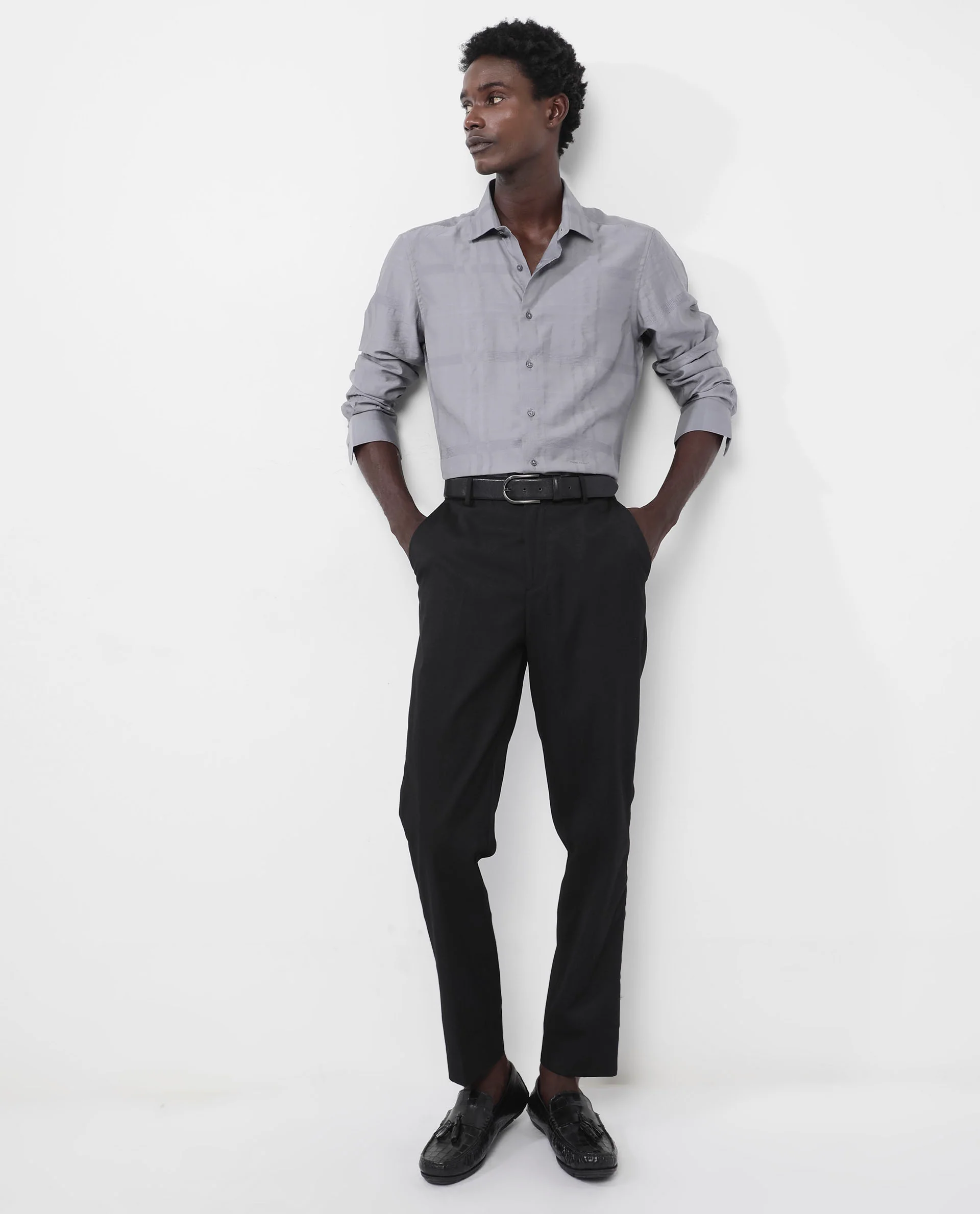 Rare Rabbit Men's Jerdo Grey Viscose Checked Print Regular Fit Full Sleeve Collared Shirt - Image 2