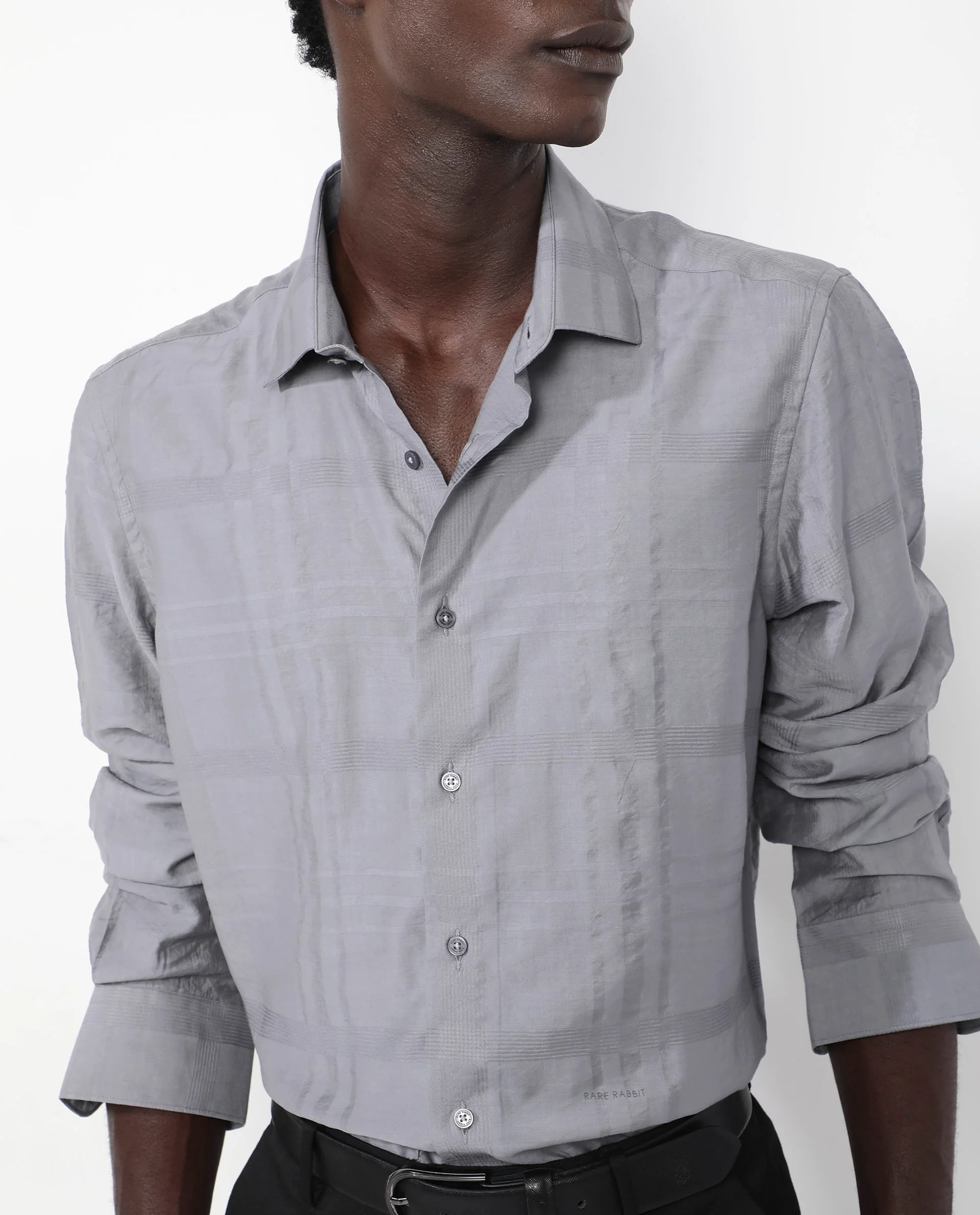 Rare Rabbit Men's Jerdo Grey Viscose Checked Print Regular Fit Full Sleeve Collared Shirt - Image 3