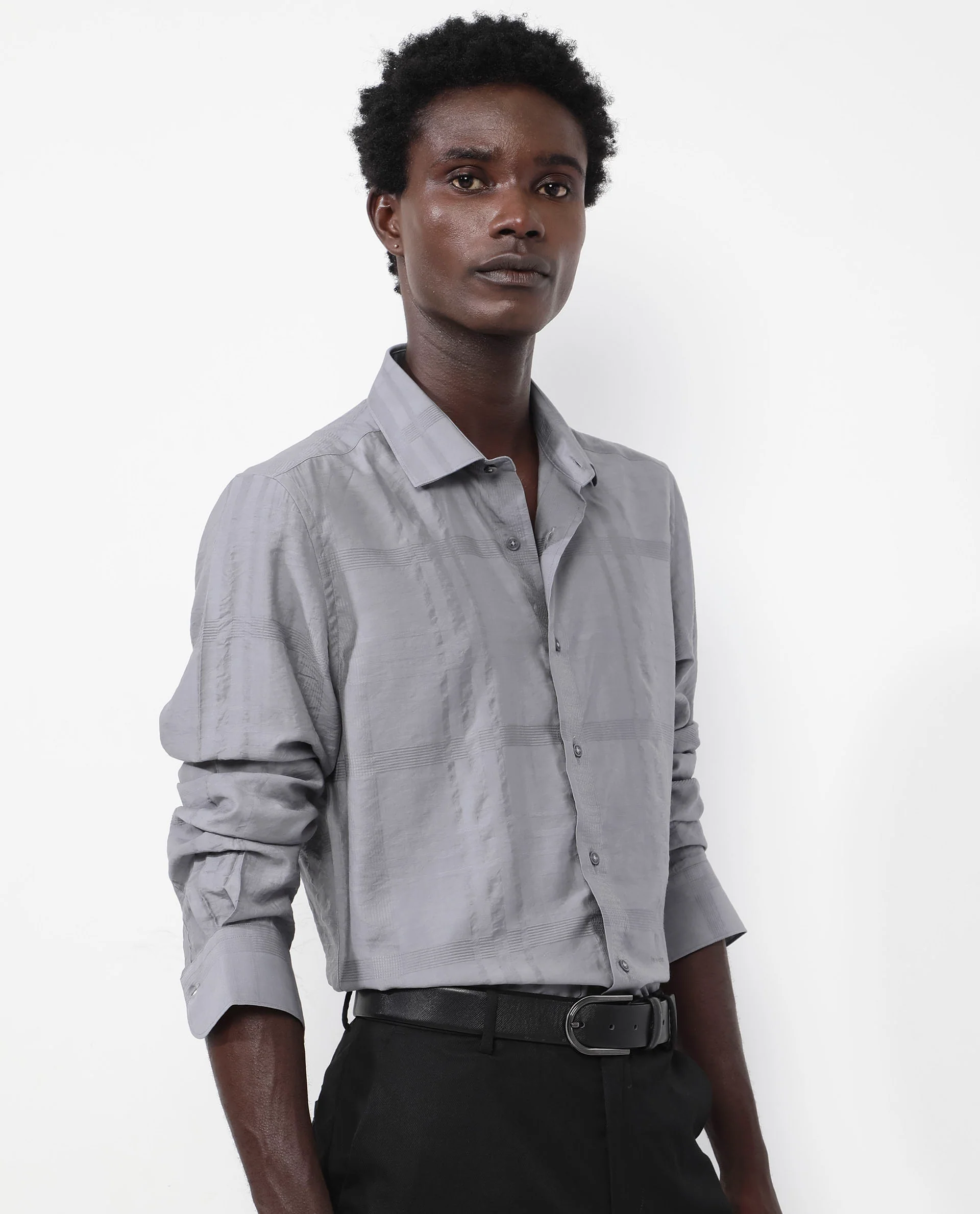 Rare Rabbit Men's Jerdo Grey Viscose Checked Print Regular Fit Full Sleeve Collared Shirt - Image 6