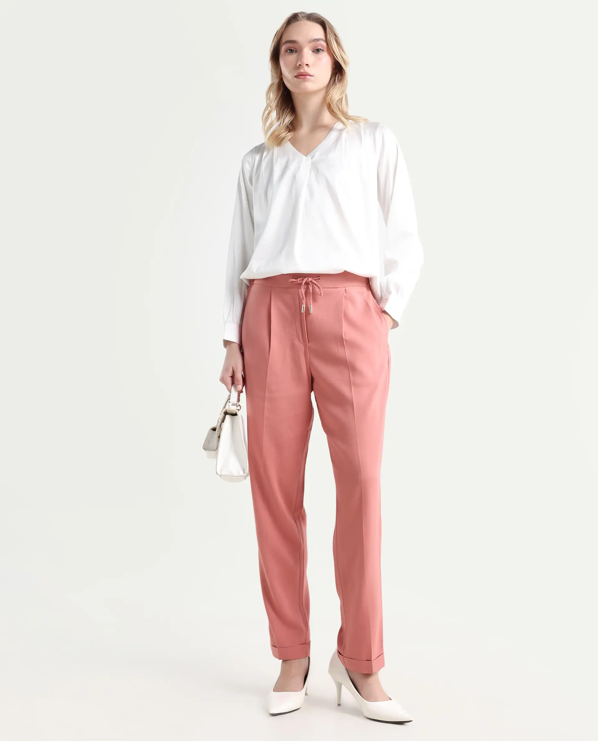 Rareism Women's Jeremiah Peach Polyester Blend Plain Ankle Length Tailored Trouser