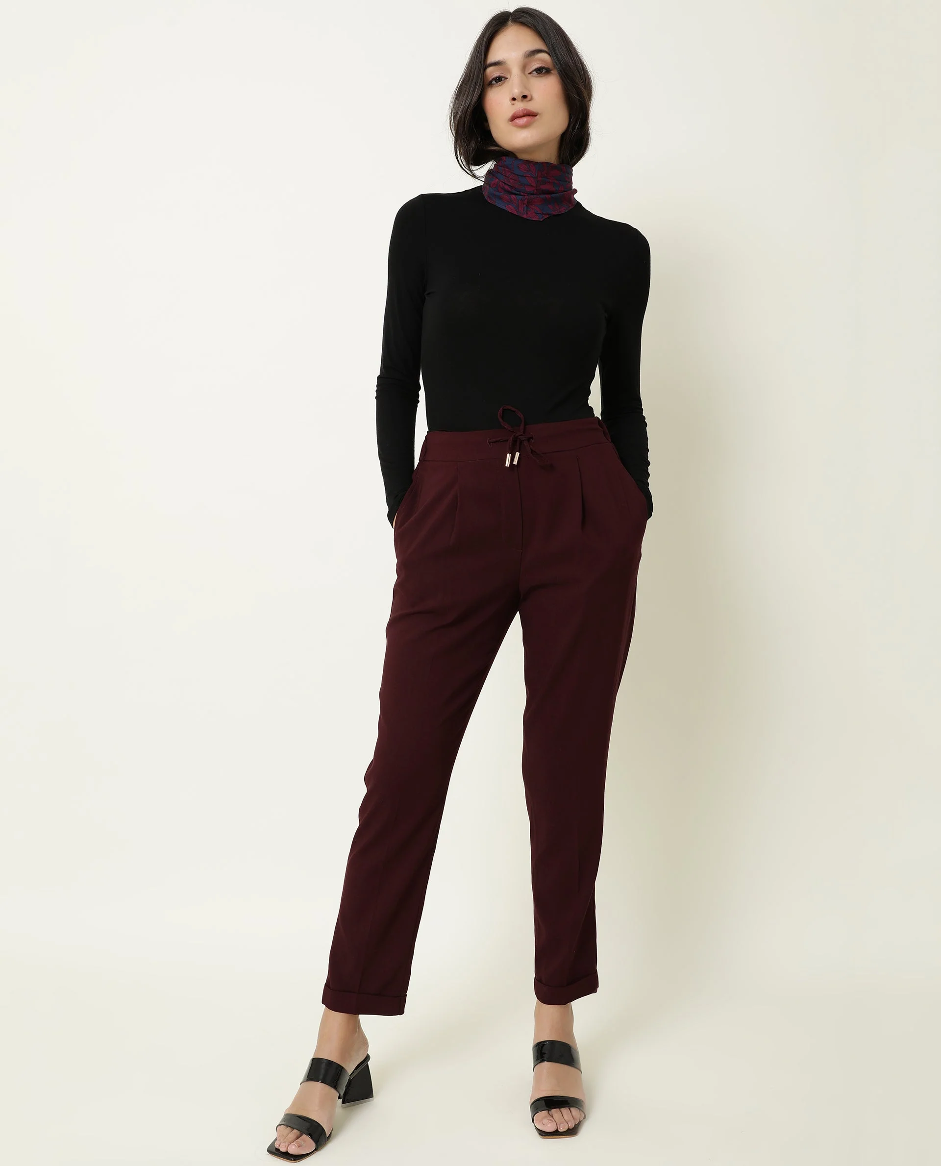 Rareism Women's Jeremiah Maroon Polyester Blend Plain Ankle Length Tailored Trouser