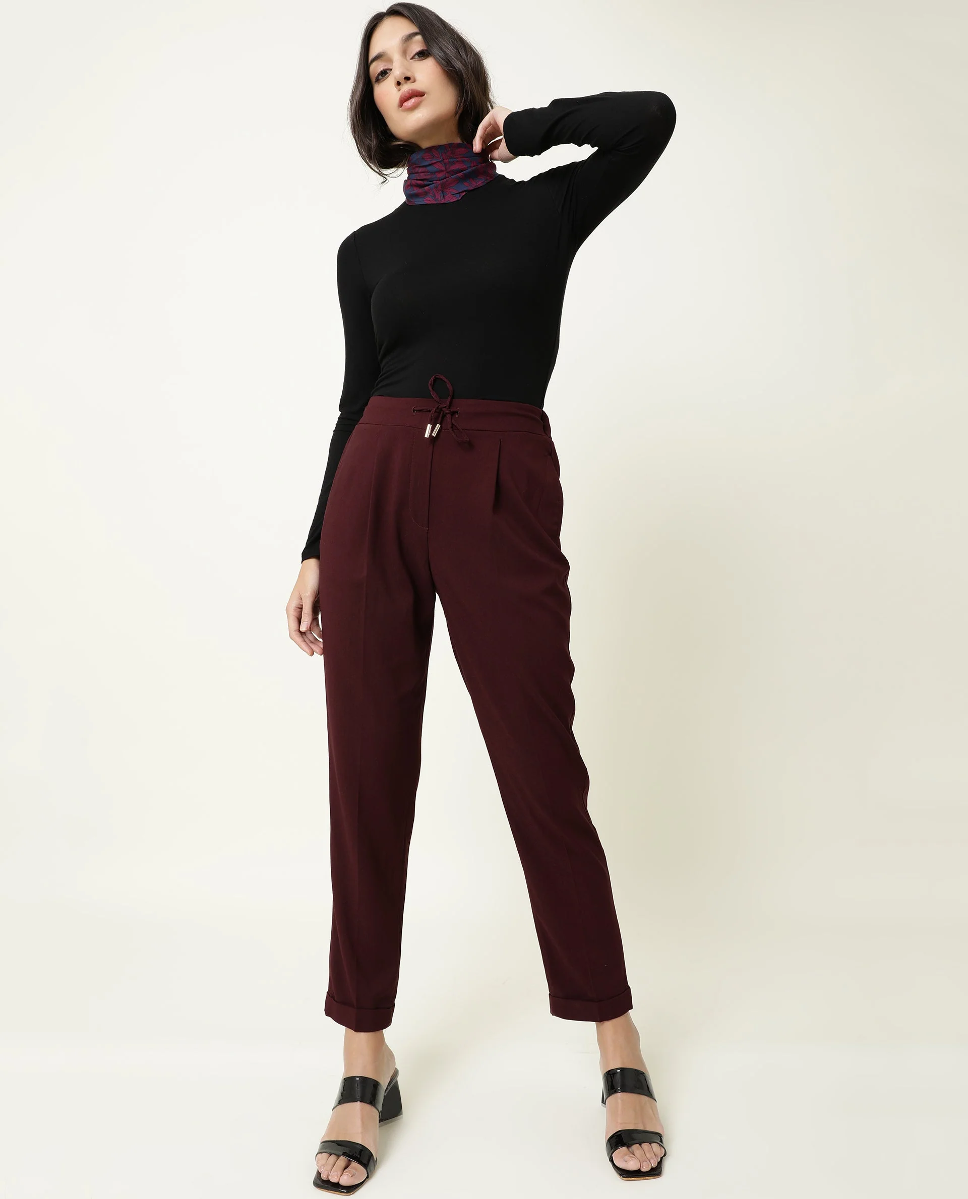 Rareism Women's Jeremiah Maroon Polyester Blend Plain Ankle Length Tailored Trouser - Image 3
