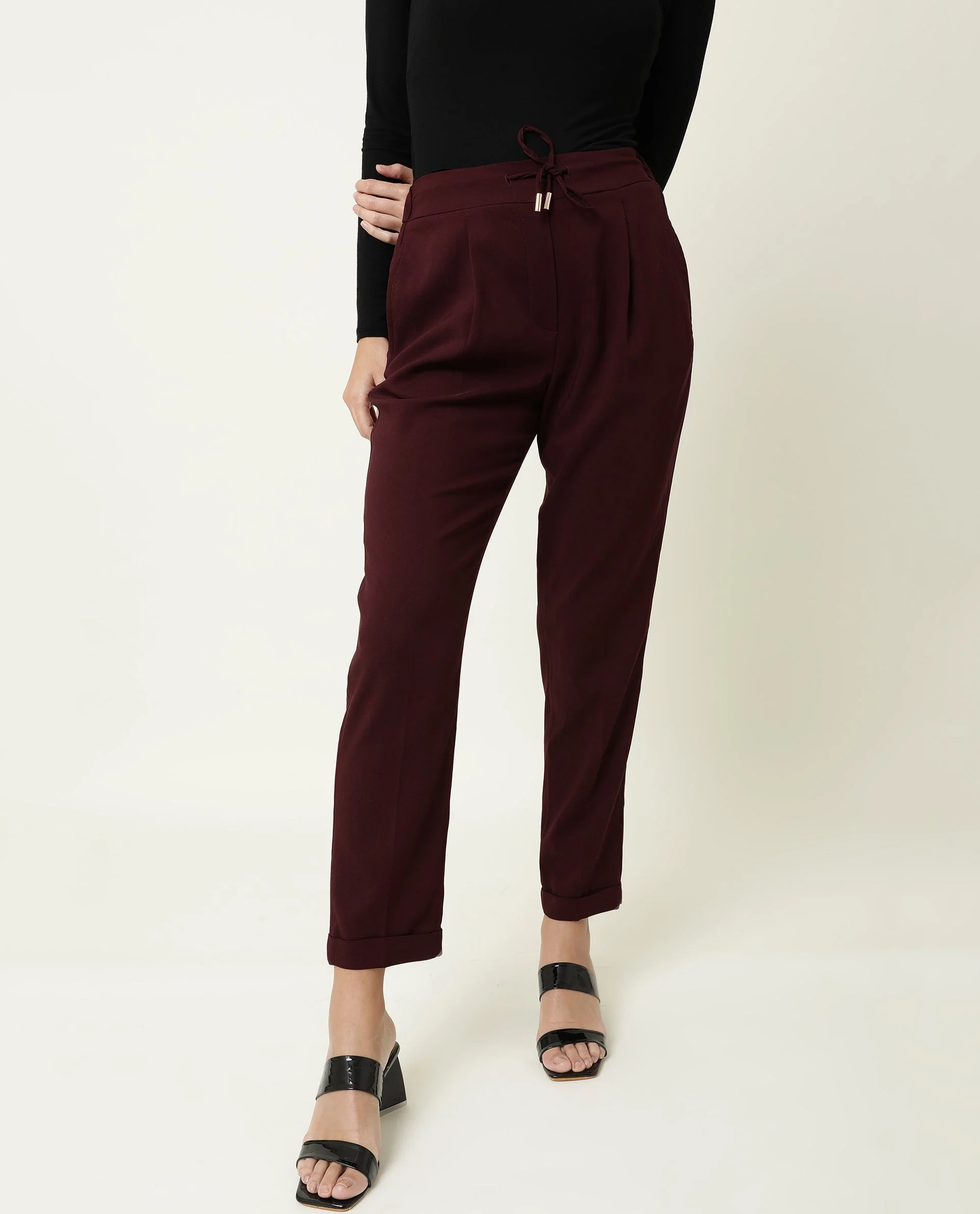 Rareism Women's Jeremiah Maroon Polyester Blend Plain Ankle Length Tailored Trouser - Image 4