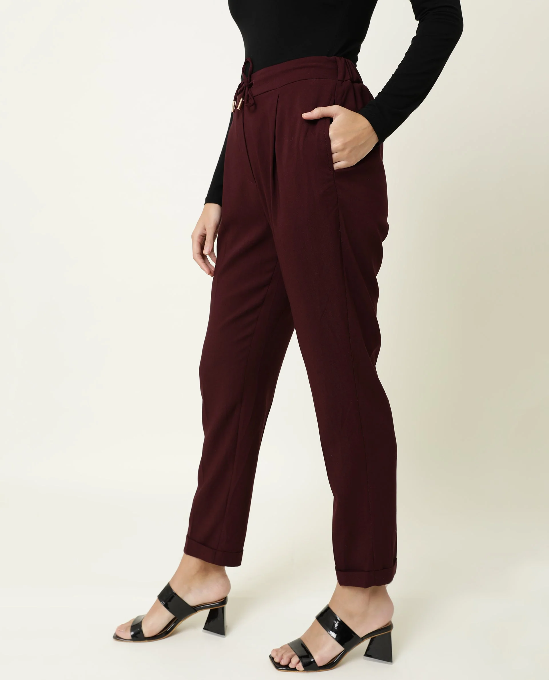Rareism Women's Jeremiah Maroon Polyester Blend Plain Ankle Length Tailored Trouser - Image 6