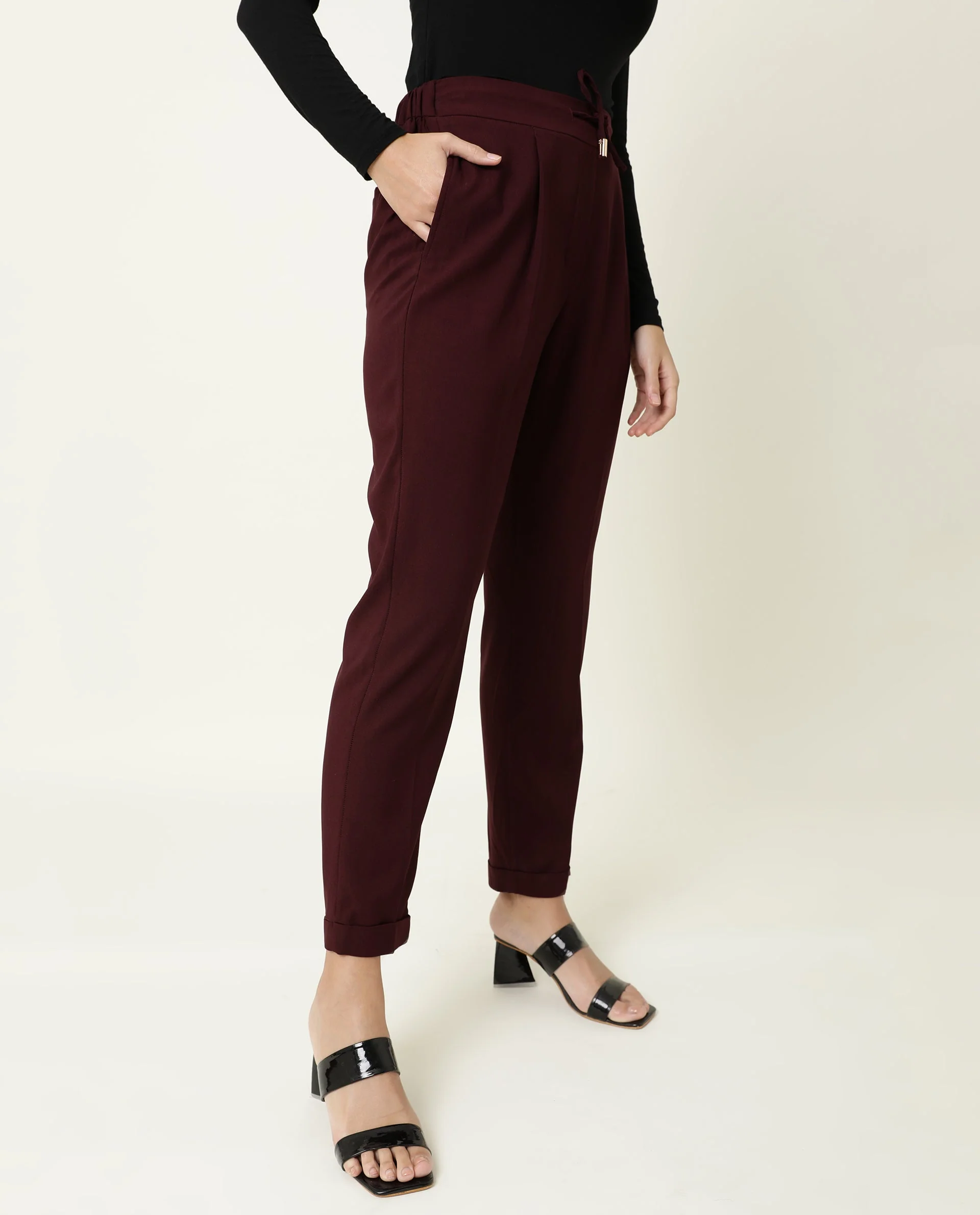 Rareism Women's Jeremiah Maroon Polyester Blend Plain Ankle Length Tailored Trouser - Image 7