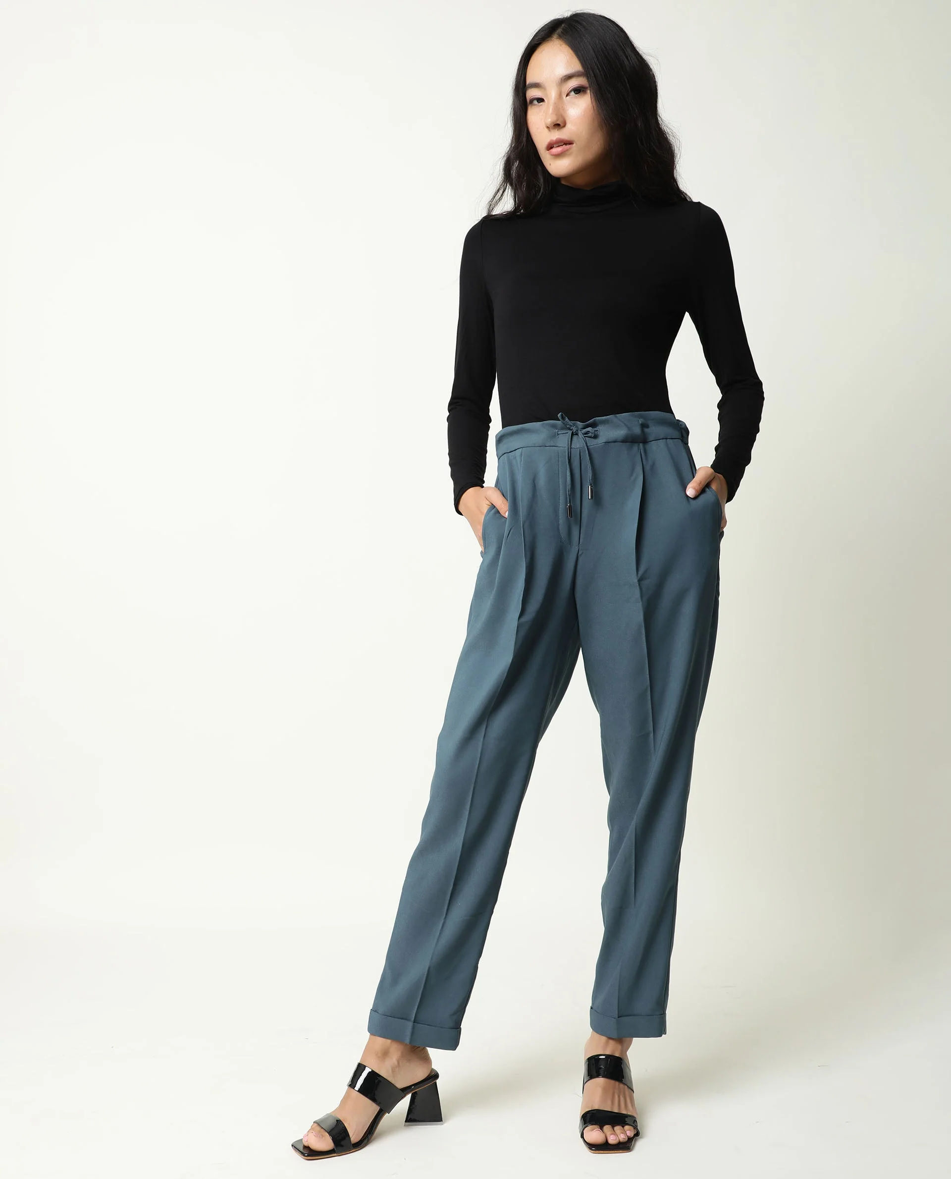Rareism Women's Jeremiah Petrol Polyester Blend Plain Ankle Length Tailored Trouser