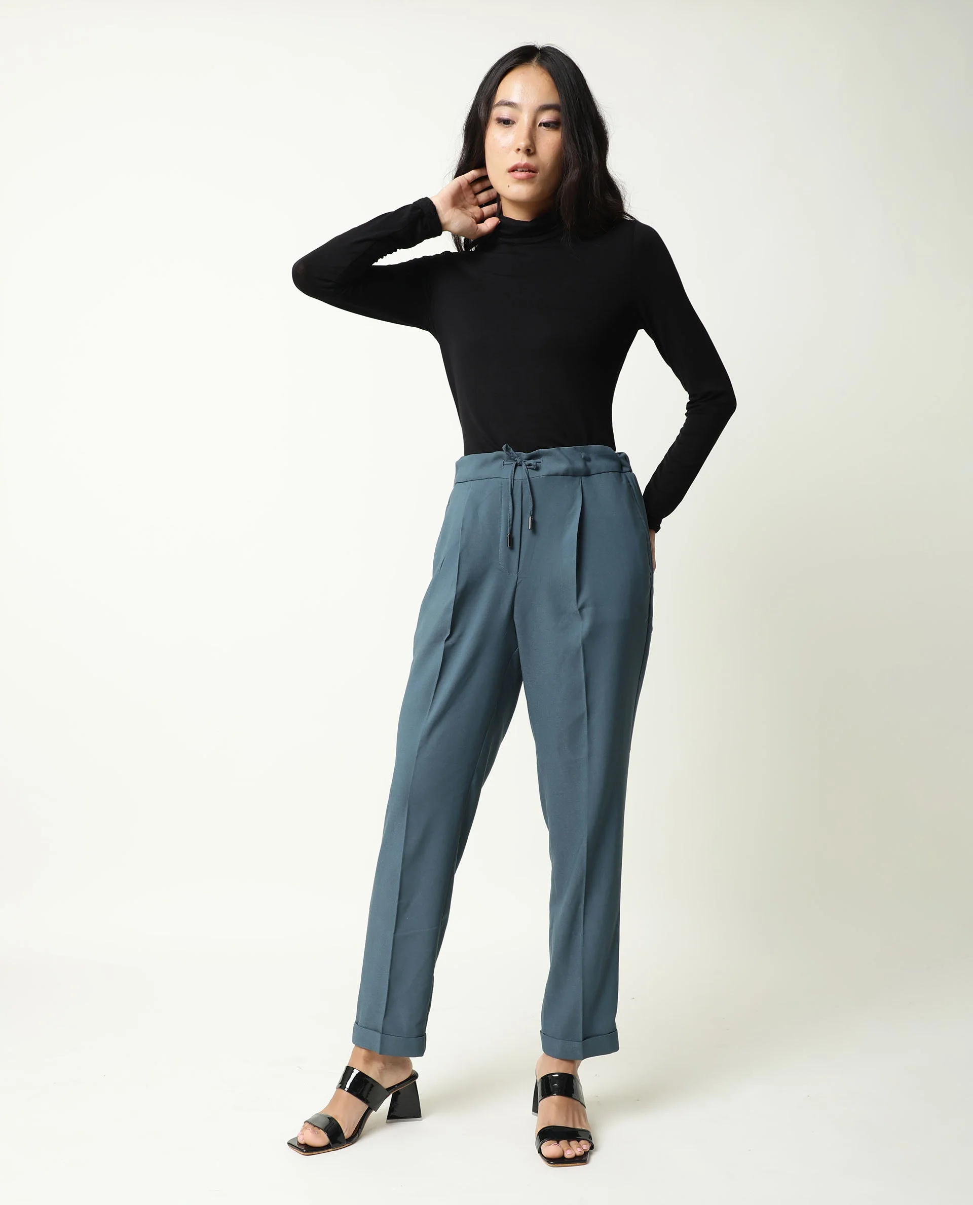 Rareism Women's Jeremiah Petrol Polyester Blend Plain Ankle Length Tailored Trouser - Image 3
